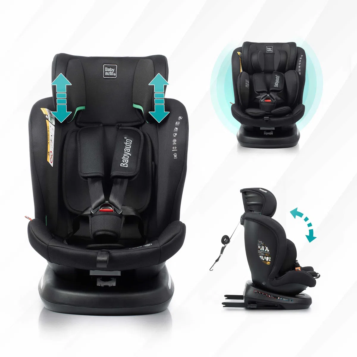 BABYAUTO - Autositz RODIA PLUS GR. 0+/1/2/3-40 - 150 cm – Alter: von Geburt bis 12 Jahre – 0 – 36kg – Rückwärtsgerichtet bis 18kg - Drehbar – ISOFIX- Top Tether (STONE GREY)