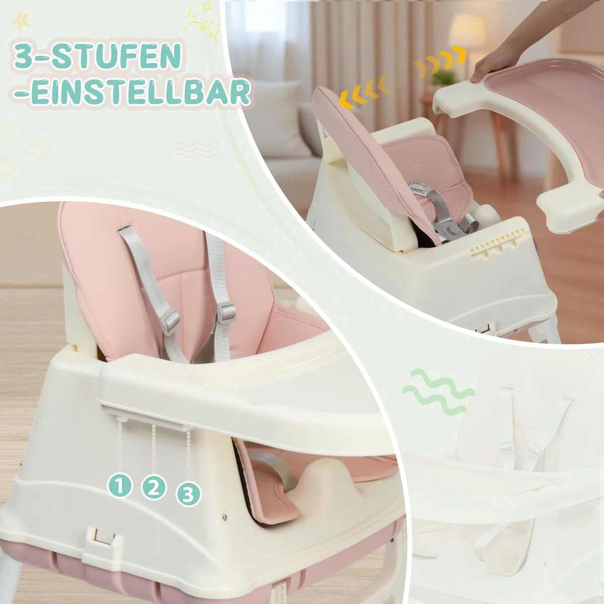 LEADZM 4 in 1 Babyhochstuhl, Umbaubar zum Laufrad und Lauflernwagen, Hochstuhl Baby mit Abnehmbares Doppeltablett und Universalrädern, Mitwachsend ab 0-36 Monate Babystuhl (Rosa)