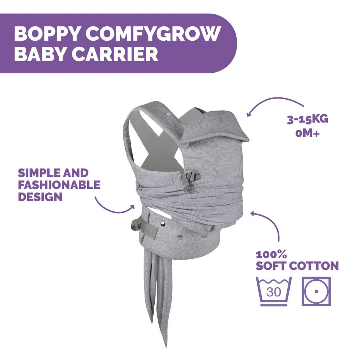 BOPPY COMFYGROW BABYTRAGE, LIGHT GREY