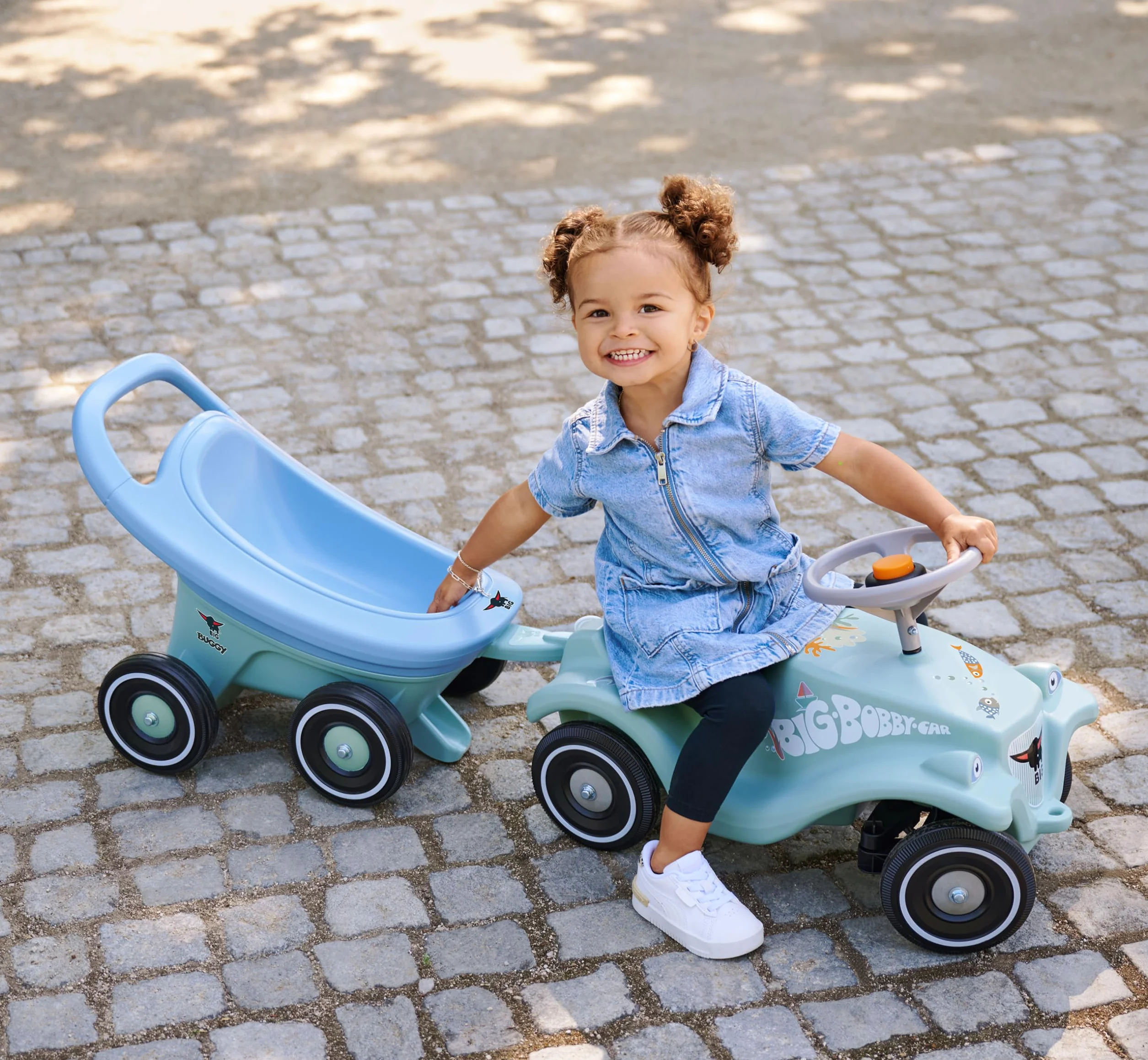 BIG Buggy 3-in-1 Lauflernwagen mit verstellbarer Bremsfunktion, Anhänger, inklusive 4 Flüsterräder, blau-türkiser BIG Buggy, für Kinder ab 1 Jahr