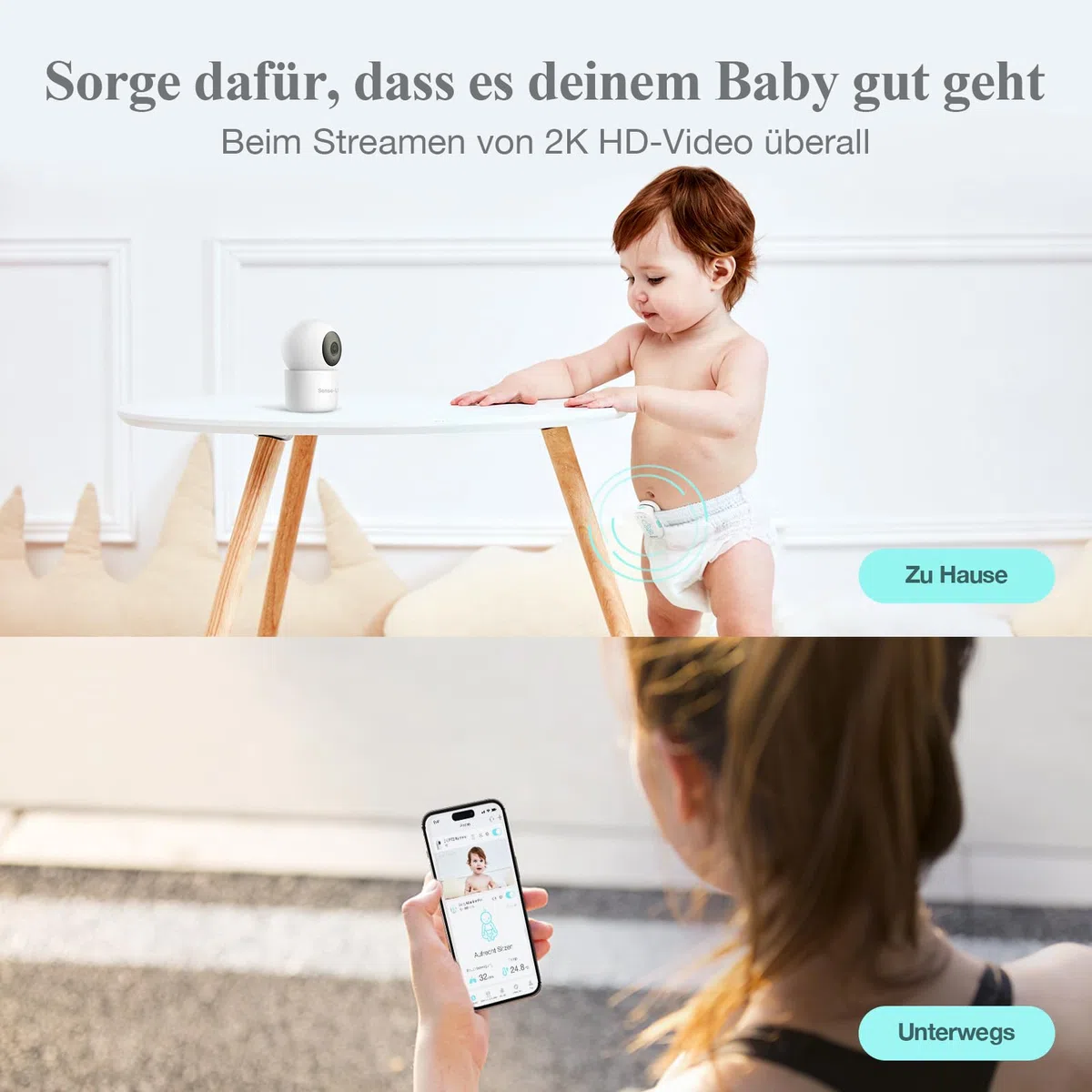 Sense-U Baby Monitor 3 mit Kamera,Babyphone,das Sie bei Bauchbewegungen,Rollen,Temperaturen und Erkannten Bewegungen Benachrichtigt, mit Nachtsicht,2-Wege-Sprechfunktion und Großer Reichweite