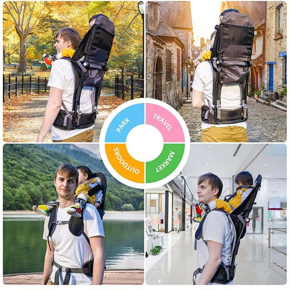 Babytrage zum Wandern – Ergonomischer Rucksack mit verstellbaren Trägern, leicht und faltbar, integrierter Sonnen- und Regenschutz, freihändige Kleinkindtrage – Schwarz