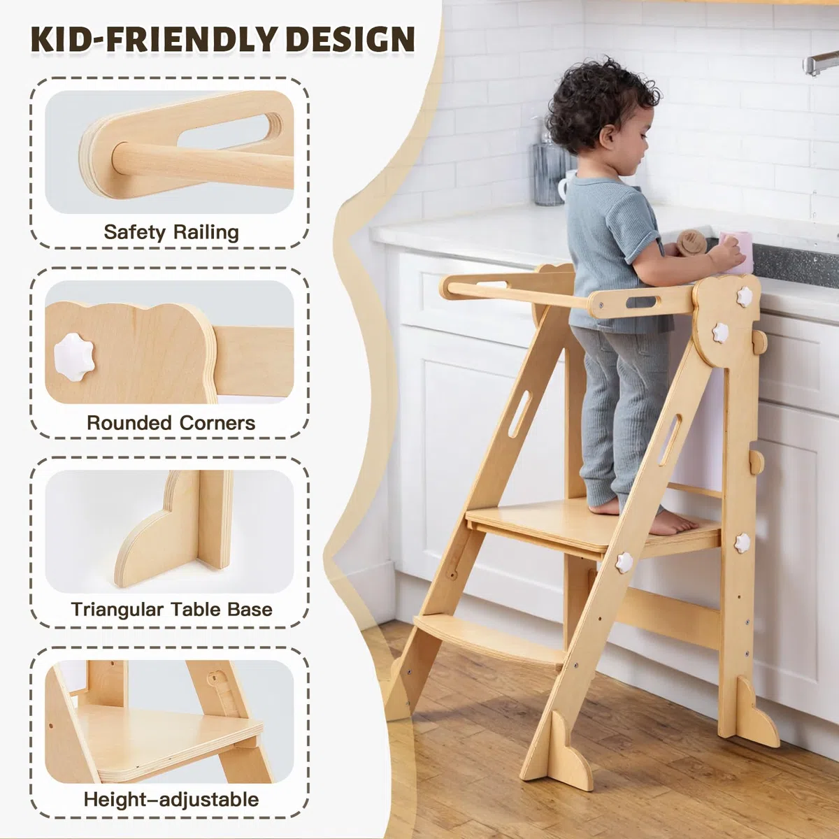 labebe Klappbar Lernturm für Kinder, Montessori Learning Tower mit Zweiseitige Tafel, 3 in 1 Einstellbare Höhe und Breite Lerntower, Multifunktion Lernturm ab 1 Jahr für Küche（Holz）