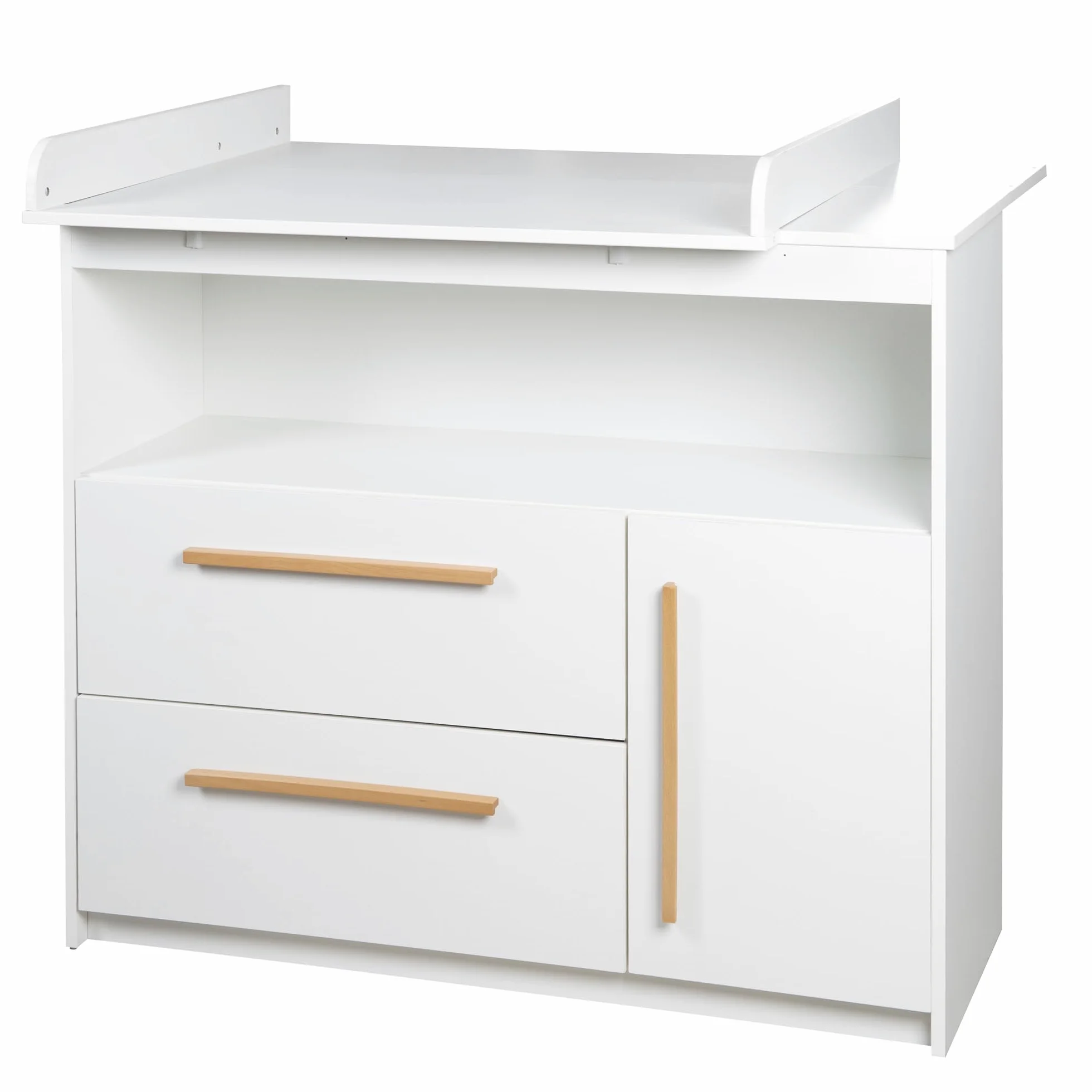 roba Kinderzimmer Set Lilo - Mitwachsendes Gitterbett 70 x 140 cm + Wickelkommode mit 2 Schubladen & 1 Tür + Kinderkleiderschrank 2-türig - Griffe aus Buche - Holz weiß lackiert