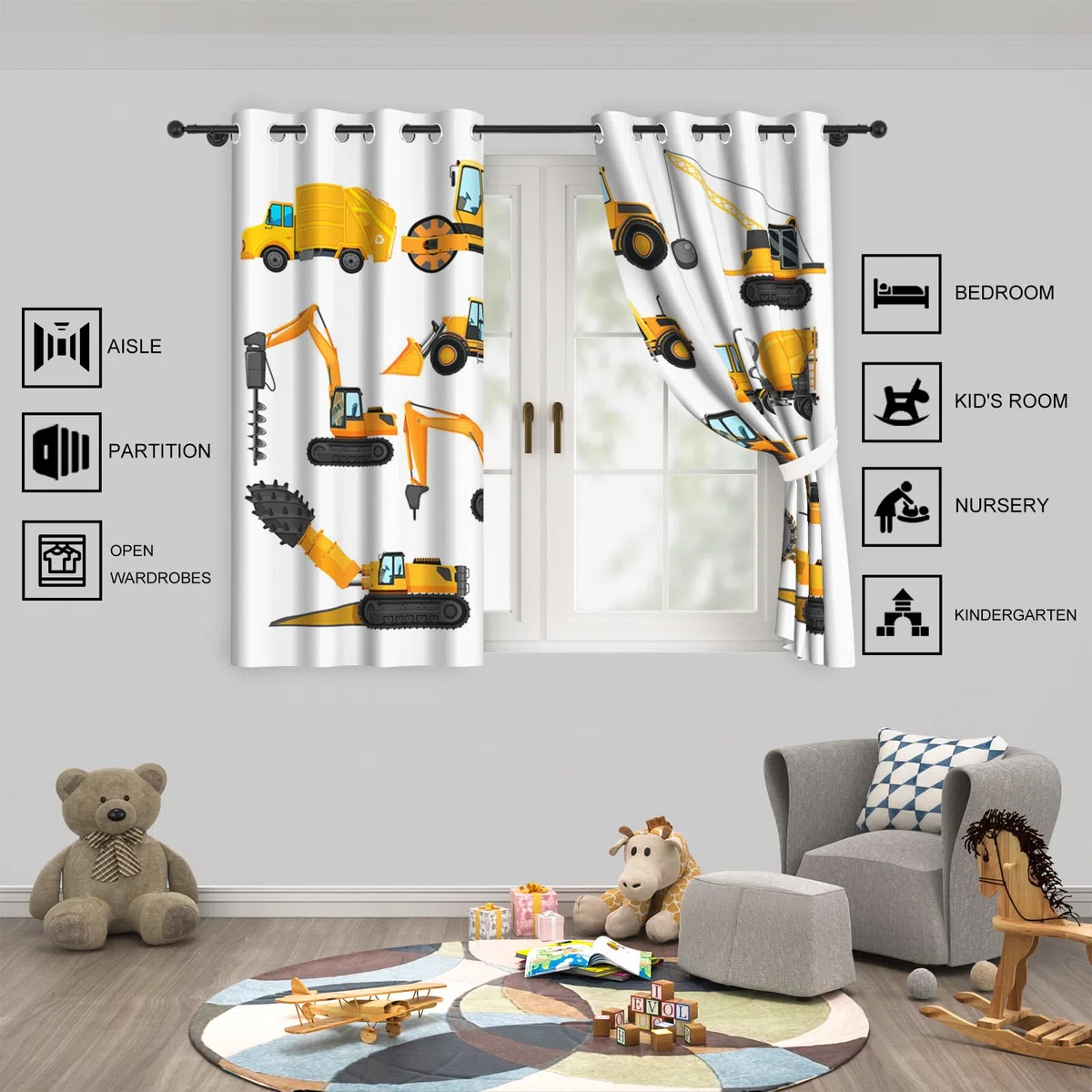 YONGFOTO Bagger Vorhang Kinderzimmer Baustelle Traktor Autos Lastwagen Bulldozer Verdunklungsvorhänge Jugendzimmer Junge mit Ösen 2 Stück 117 x 138 cm