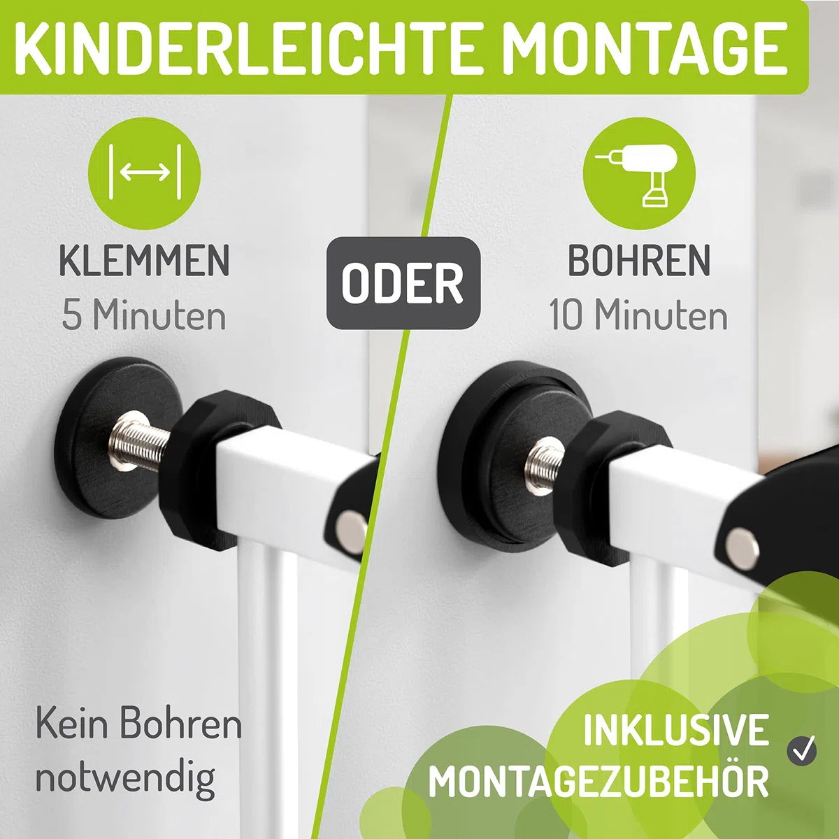 BOMI Türschutzgitter Mira | Extra Hoch | Ohne Bohren | Schließt automatisch | Tuerschutzgitter weiß Metall Selbstschließend | Treppengitter zum Klemmen für Baby | Breite: 73-81 cm
