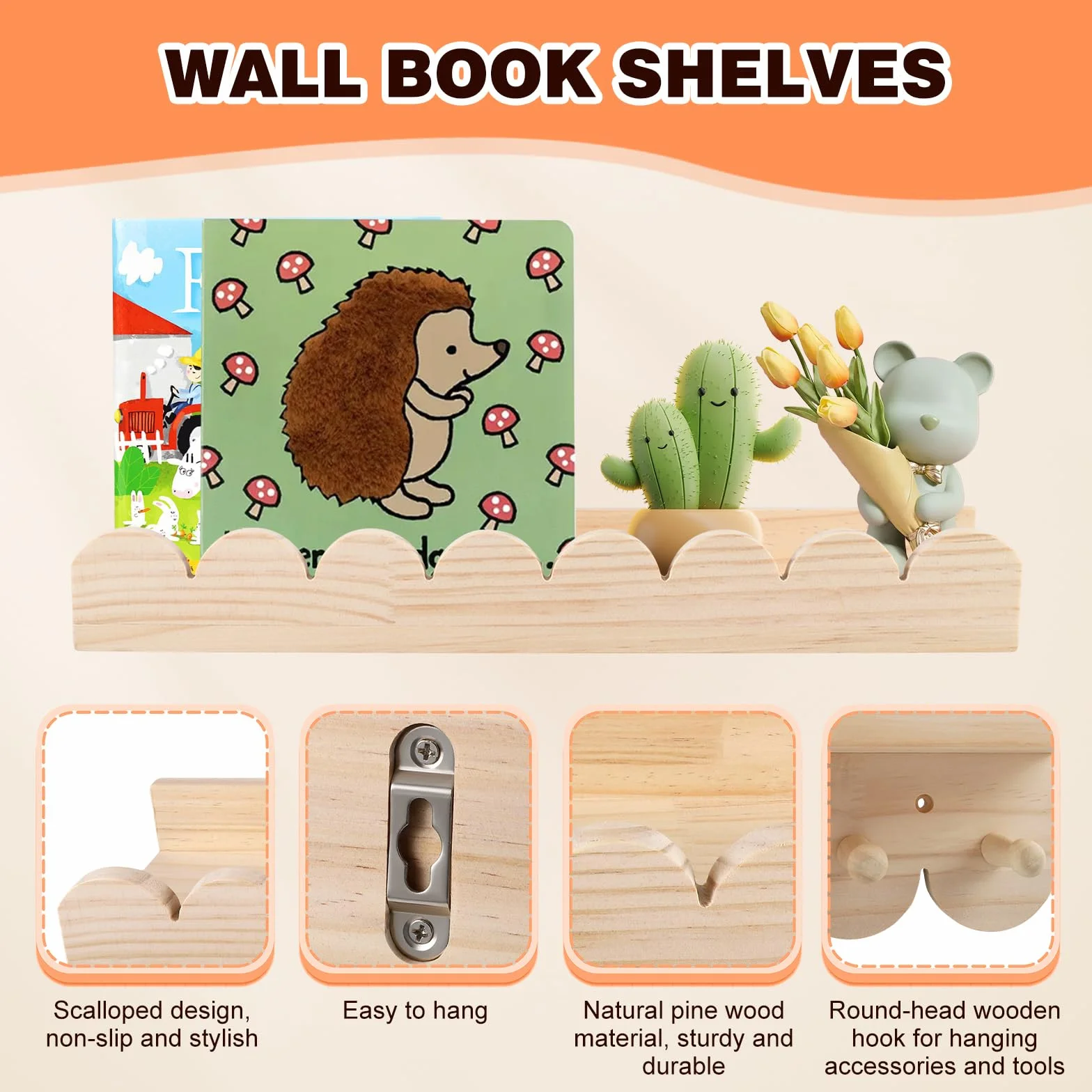 3er Set Bücherregal Kinder Wand, Wandregal Kinderzimmer 40cm, Holz Wandregal Bücher Schweberegale mit Holzhaken für Spielzimmer Schlafzimmer Wohnzimmer,Montessori Regal