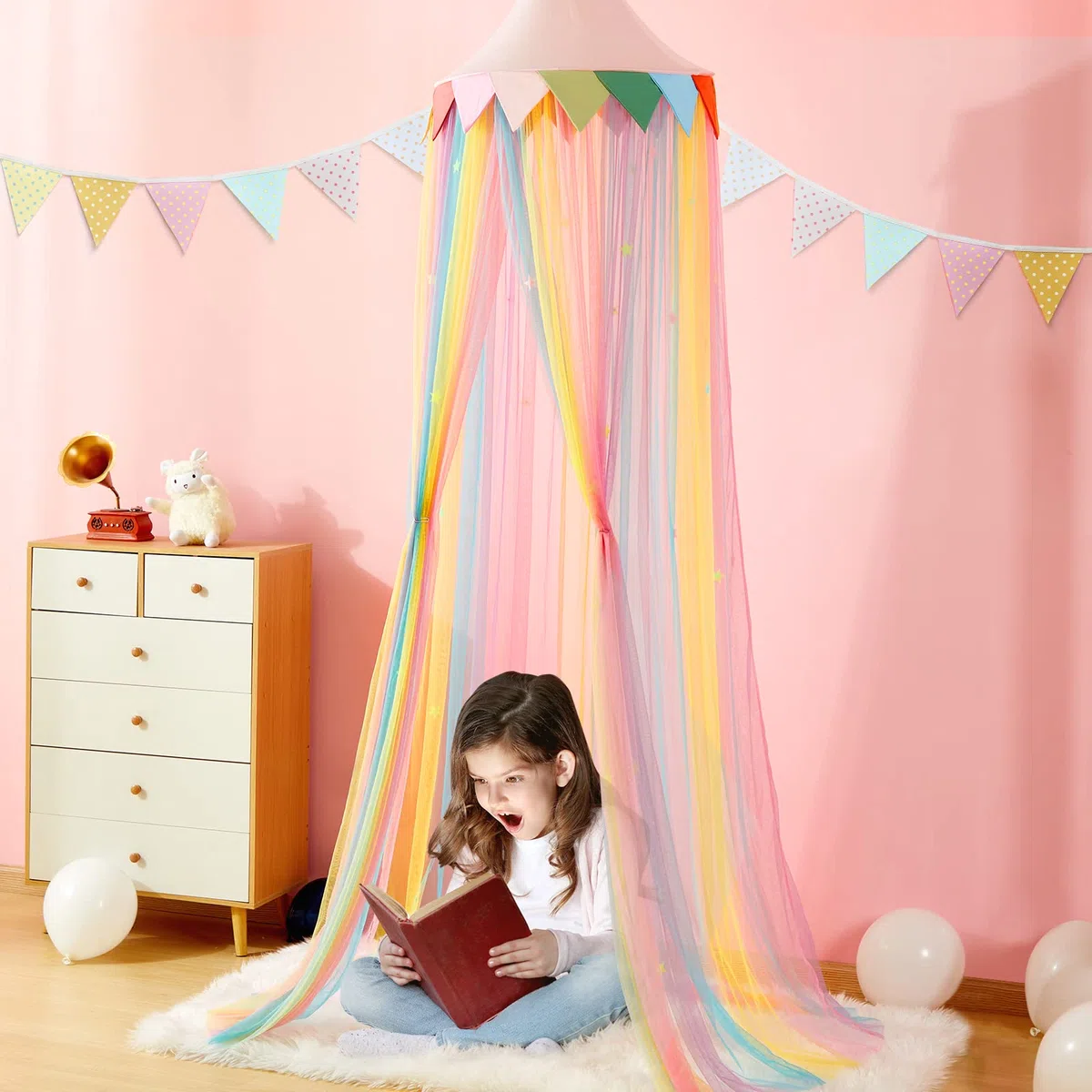 LOAOL Regenbogen-Betthimmel, Kinder-Baldachin für Prinzessin und Mädchen, Feentraumzelt Mit 28 Mehrfarbigen Sternen, Hängenetz für Schlafzimmer, Leseecken und Zimmer