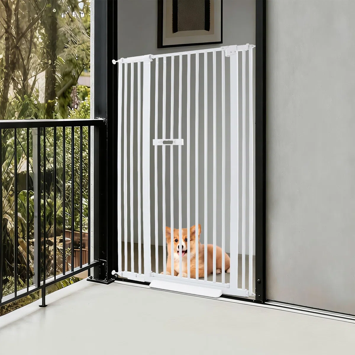 Schutzgitter für Katzen und Hunde, 150 cm, Türschutzgitter Ohne Bohren, Doppelte Verriegelung mit Katzentür, Türgitter Hoch aus Kohlenstoffstahl, für Türen mit Einer Breite von 86-95 cm