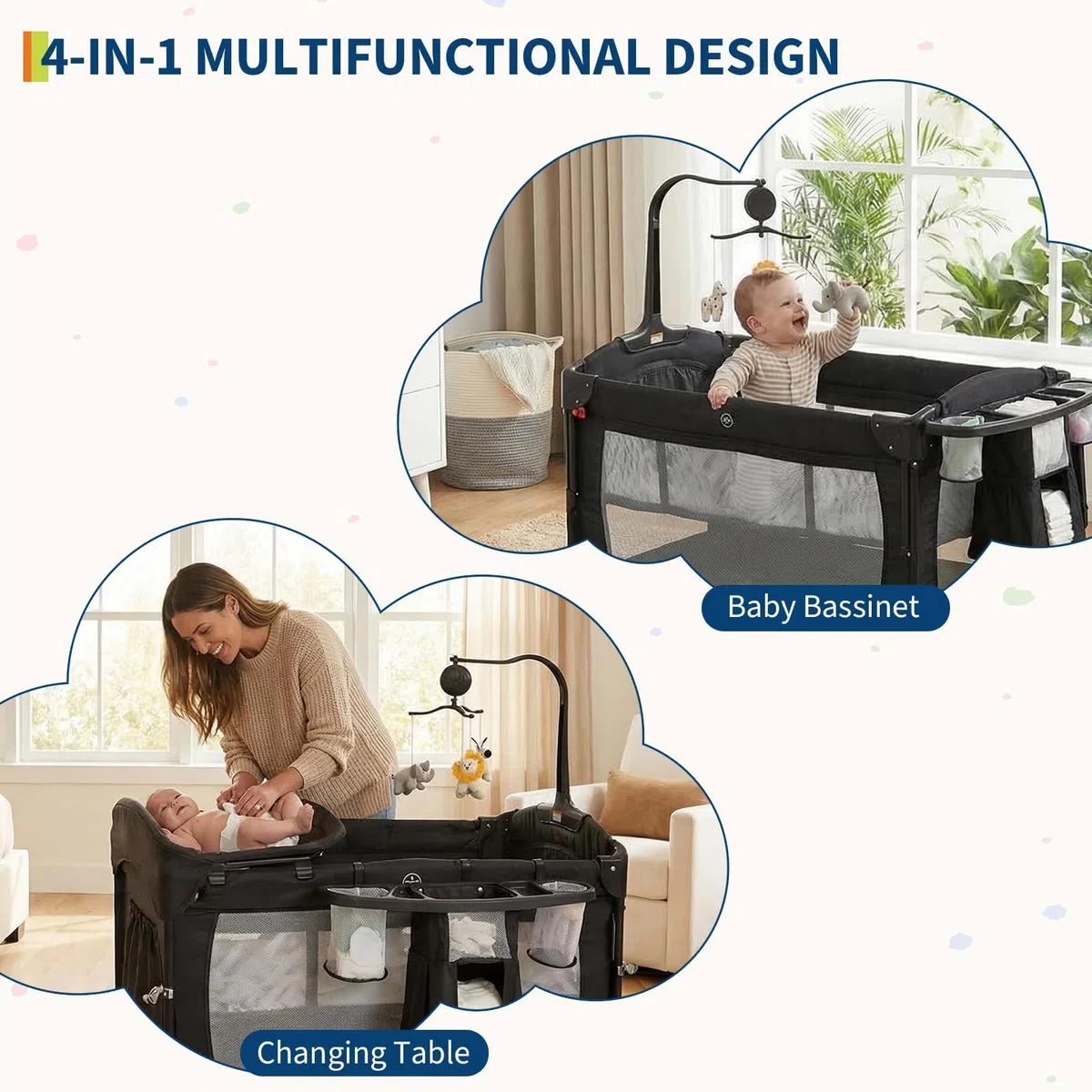 5 in 1 Beistellbett, Reisebett Baby mit Matratze, Babybett | mit Auto-Lock Räder Faltbarer Laufstall mit Musik-Spielbogen, Kinderreisebett mit Bassinet & Wickeltisch, Atmungsaktives Netz