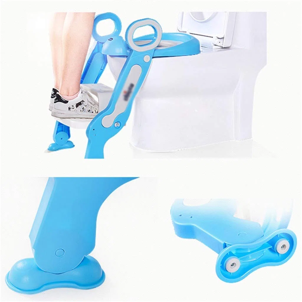 Toilette Töpfchen mit Trittleiter, Ergonomie Anti-Rutsch Töpfchentrainer Mit Toilettensitzabdeckung Einstellbar Falten Fußbank Zum Unisex-Kleinkind (Farbe : Blau)