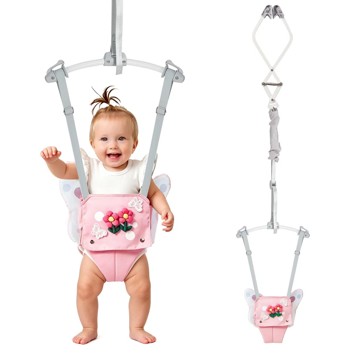 FUNLIO Baby Türhopser für 6–24 Monate (mit Türklemme), Baby Jumper mit starker Feder/verstellbarem Riemen, einfach zu montieren und zu lagern Baby Hopser, Tragfähigkeit 18 kg – Rosa Schmetterling