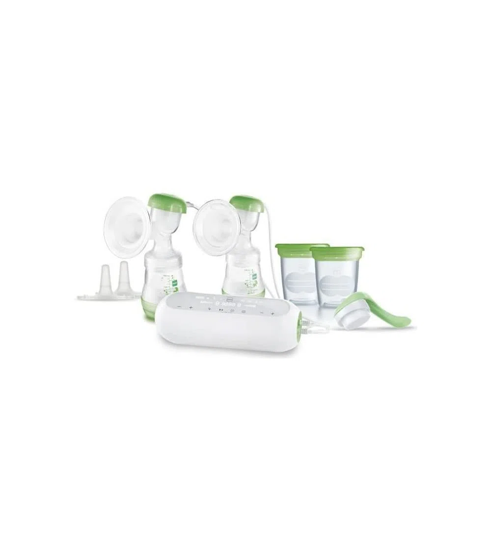 MAM - Elektrische Doppel-Milchpumpe – 2-in-1-Milchpumpe mit 9 Intensitätsstufen und 3 Stunden Akkulaufzeit – 2 Easy Start Anti-Colic Flaschen & 2 Vorratsdosen inklusive – Grün