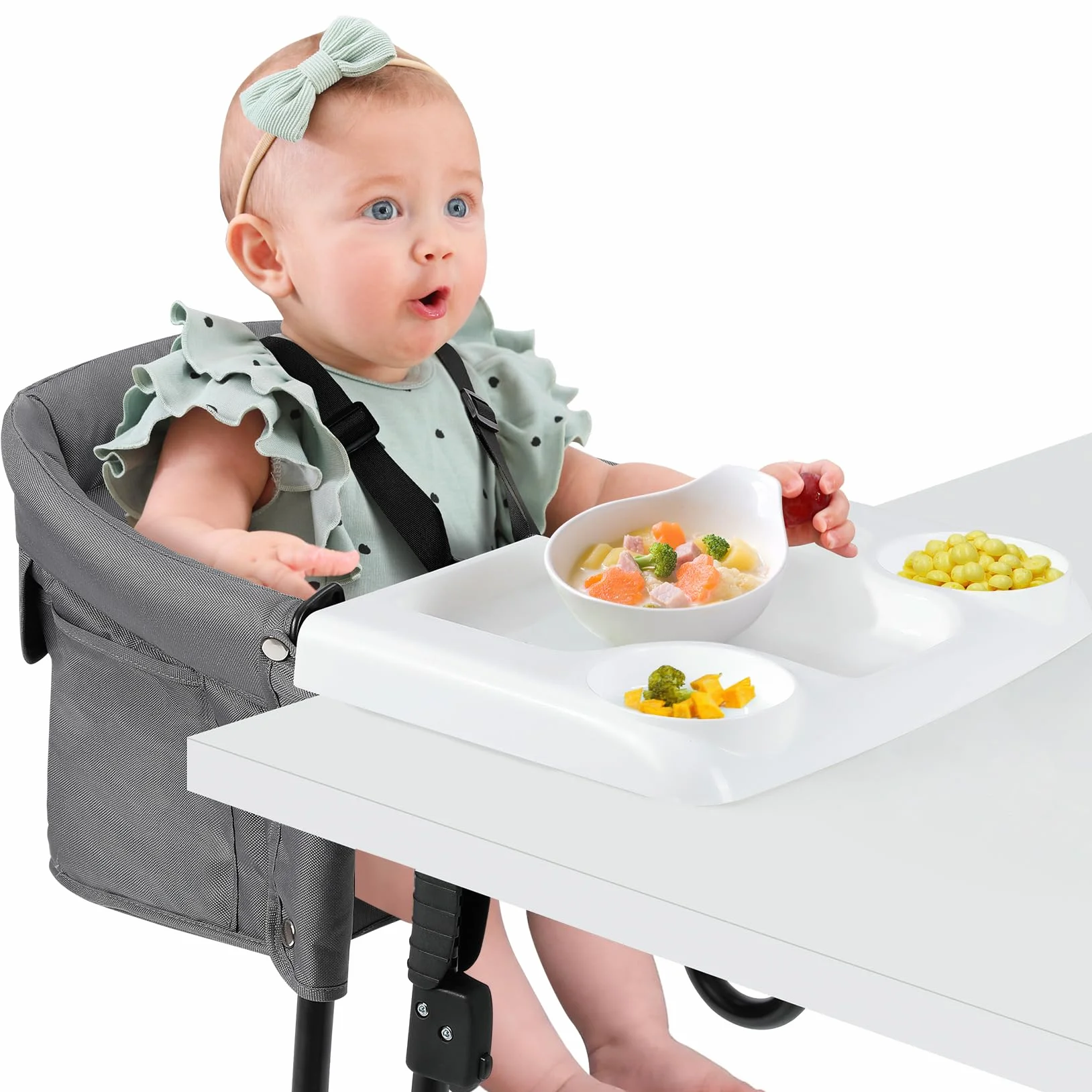 Ezebaby Tischsitz Klappbarer Sitzerhöhung Tragbarer Baby Hochstuhl Schnelle Anpassung mit 5-punkt Sicherheitsgurt und Tragetasche für Tischdicken von 2,5 bis 7,5 cm (Grau, mit Tablett)