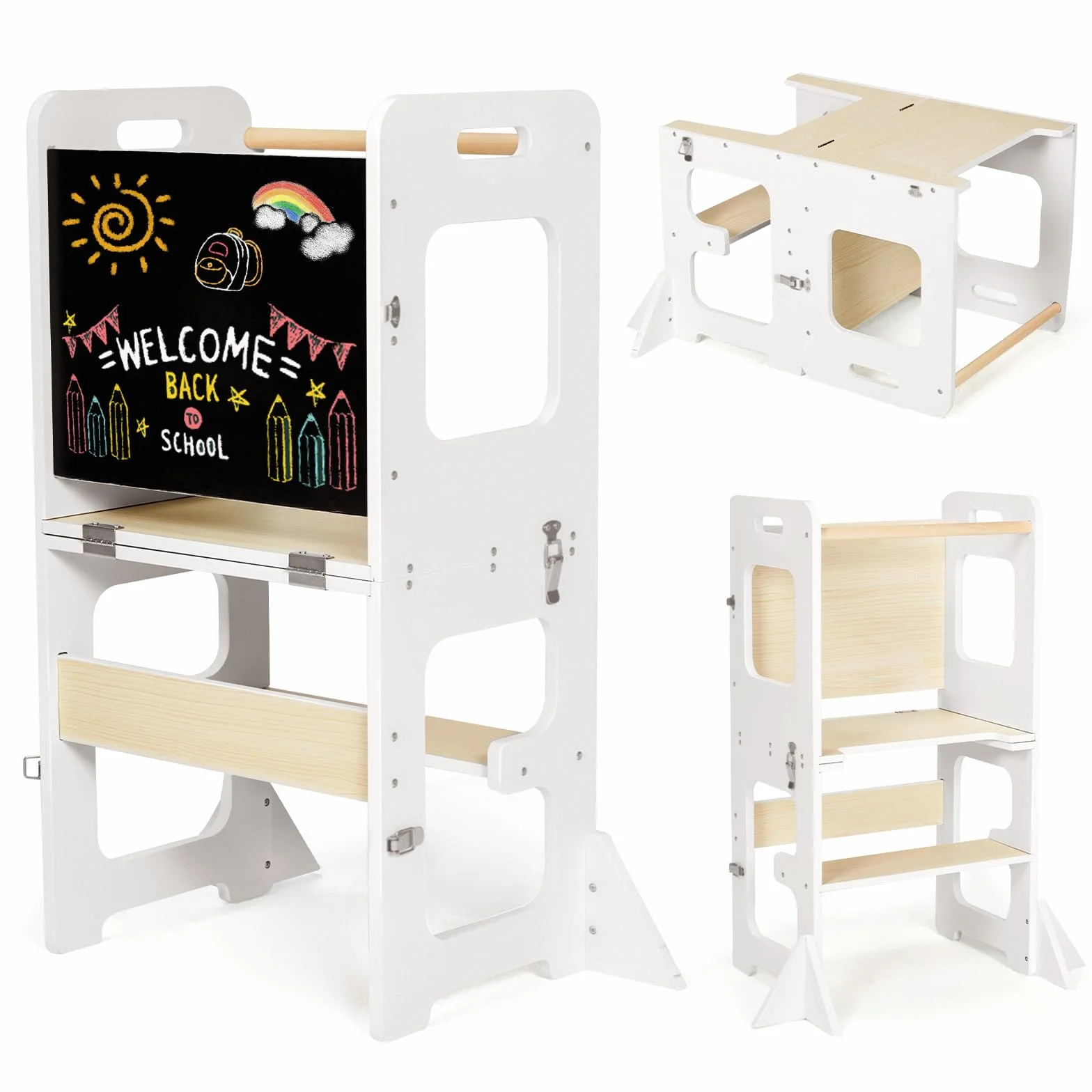 Labebe Lernturm ab 1 Jahr, Montessori Learning Tower mit Tafel, 3 in 1 Multifunktion Lernturm Klappbar, Umkippschutz Farbblockiertes Tritthocker Kinder-Weiß&Holz