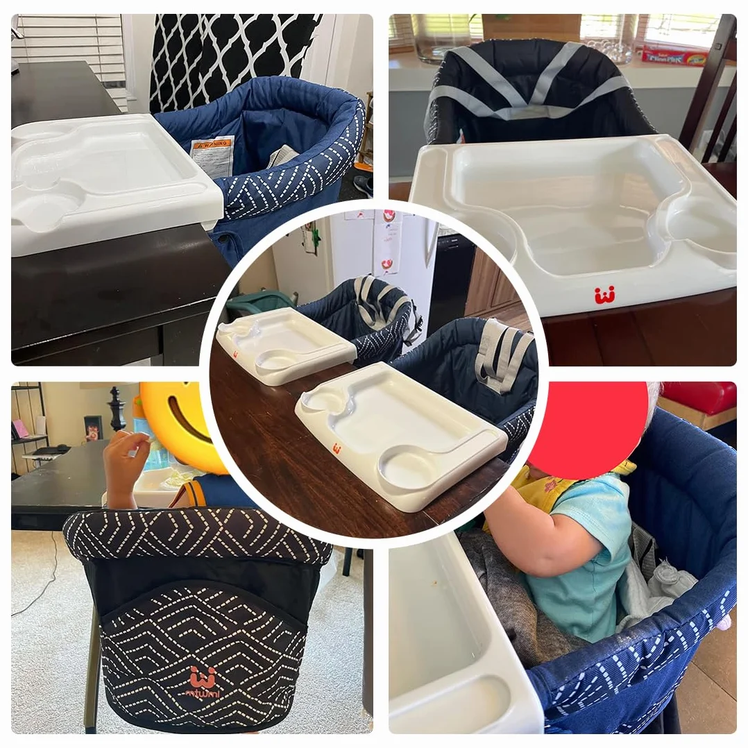MTWML Tischsitz Baby mit Abnehmbarem Tablett, Tragbarer Hochstuhl zum Anklippen für Babys Kleinkinder, Faltbarer Reisehochstuhl mit 5-Punkt-Gurt, Tragetasche für Esstisch Unterwegs(Streifen-Blau)