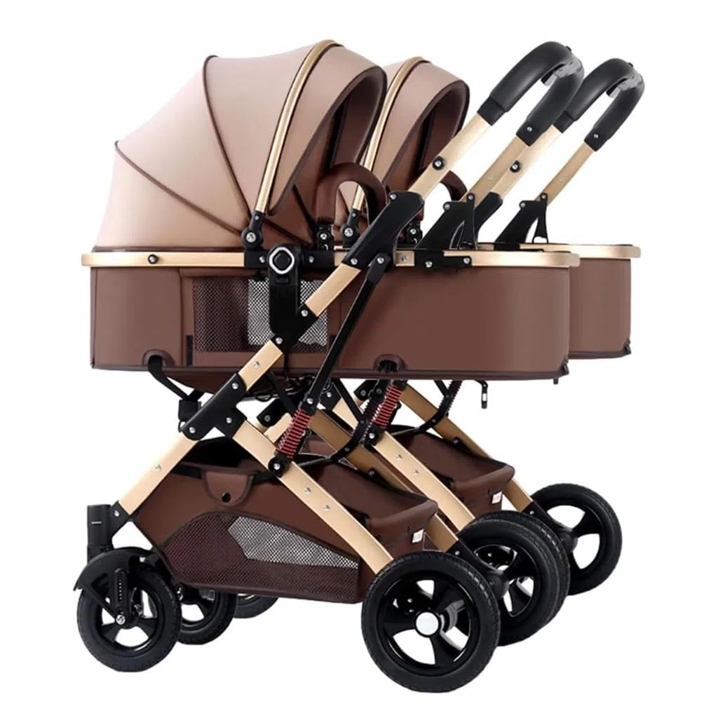WIGSELBL Zwillings-Kinderwagen, Doppel-Kinderwagen, Kleinkind-Kinderwagen for Zwillinge nebeneinander, Faltbarer Doppelsitz-Tandem-Kinderwagen, wendbar, leicht zusammenklappbar (Color : Khaki)