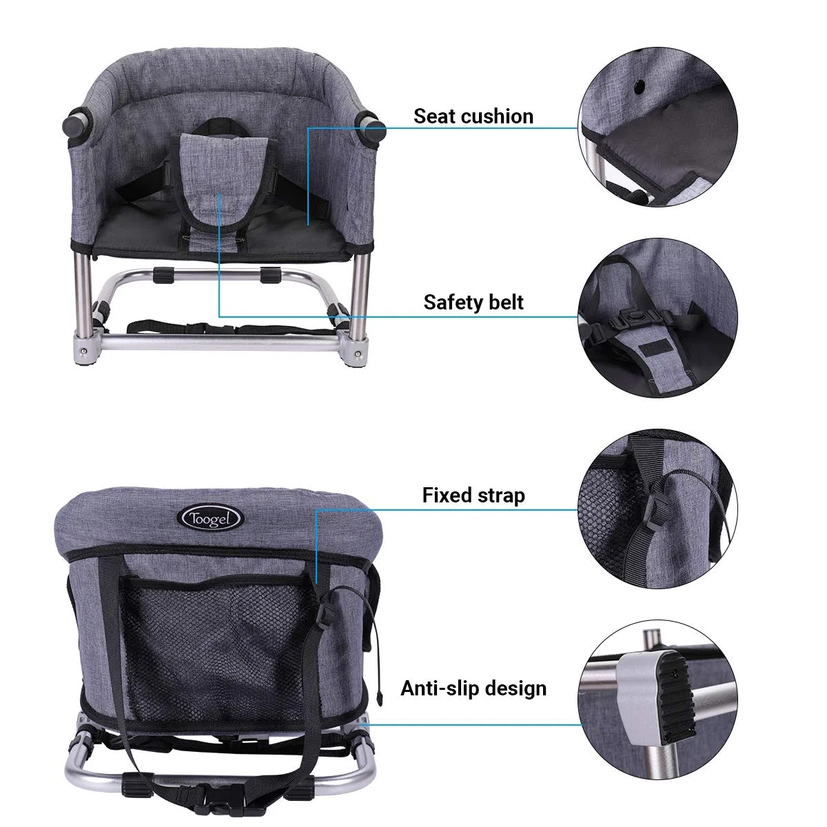 Toogel Sitzerhöhung Stuhl, Boostersitz Baby, Tragbarer Baby Hochstuhl Faltbar Kindersitz für Kinder 6-36 Monaten mit Sicherheitsgurt, 3 Höhen, Transporttasche für Zuhause und Unterwegs (Grau)