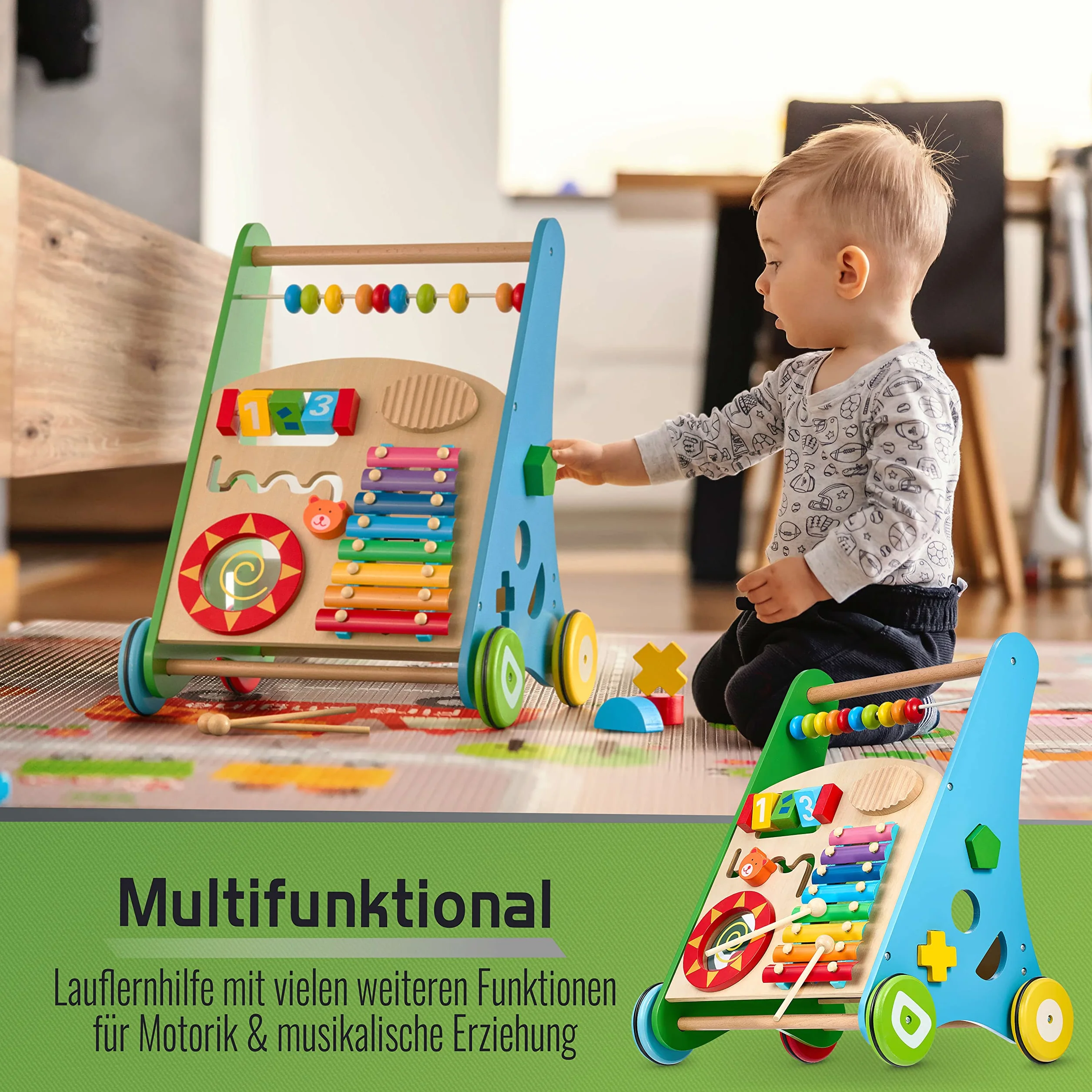 Balinco Lauflernwagen Holz, Lauflernhilfe Baby, Babywalker, Gehhilfe Baby, Lernlaufwagen, Motorikwagen, Kippsicher & Stabil, Handgefertigt, Echtholz
