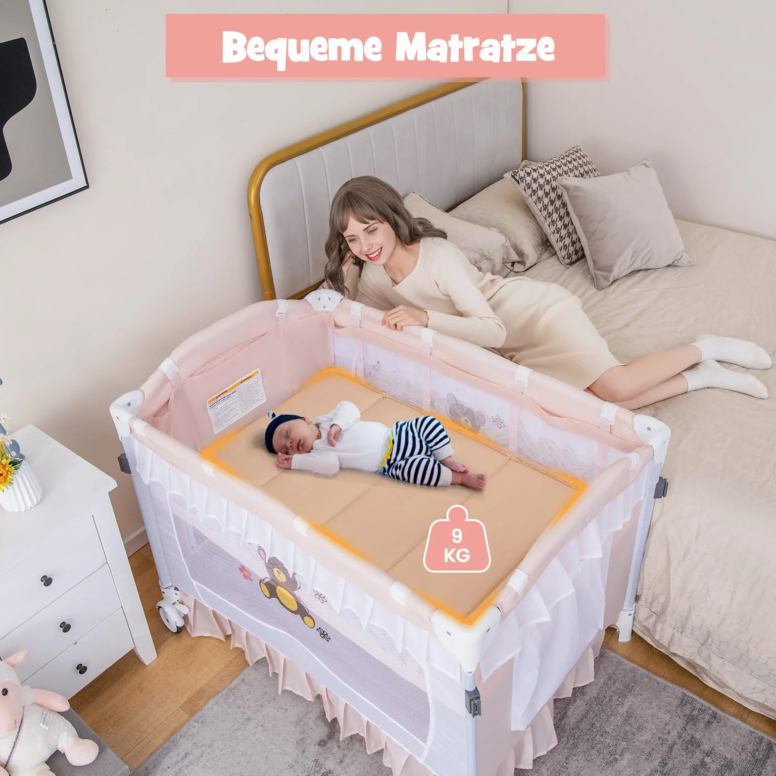 COSTWAY 4 in 1 Babybett mit abnehmbarem Baldachin, Reisebett mit Matratze, Wickelauflage, Spielbogen & Musikbox, Beistellbett mit Rollen, Kinderreisebett faltbar für 0-36 Monate Baby (Rosa)