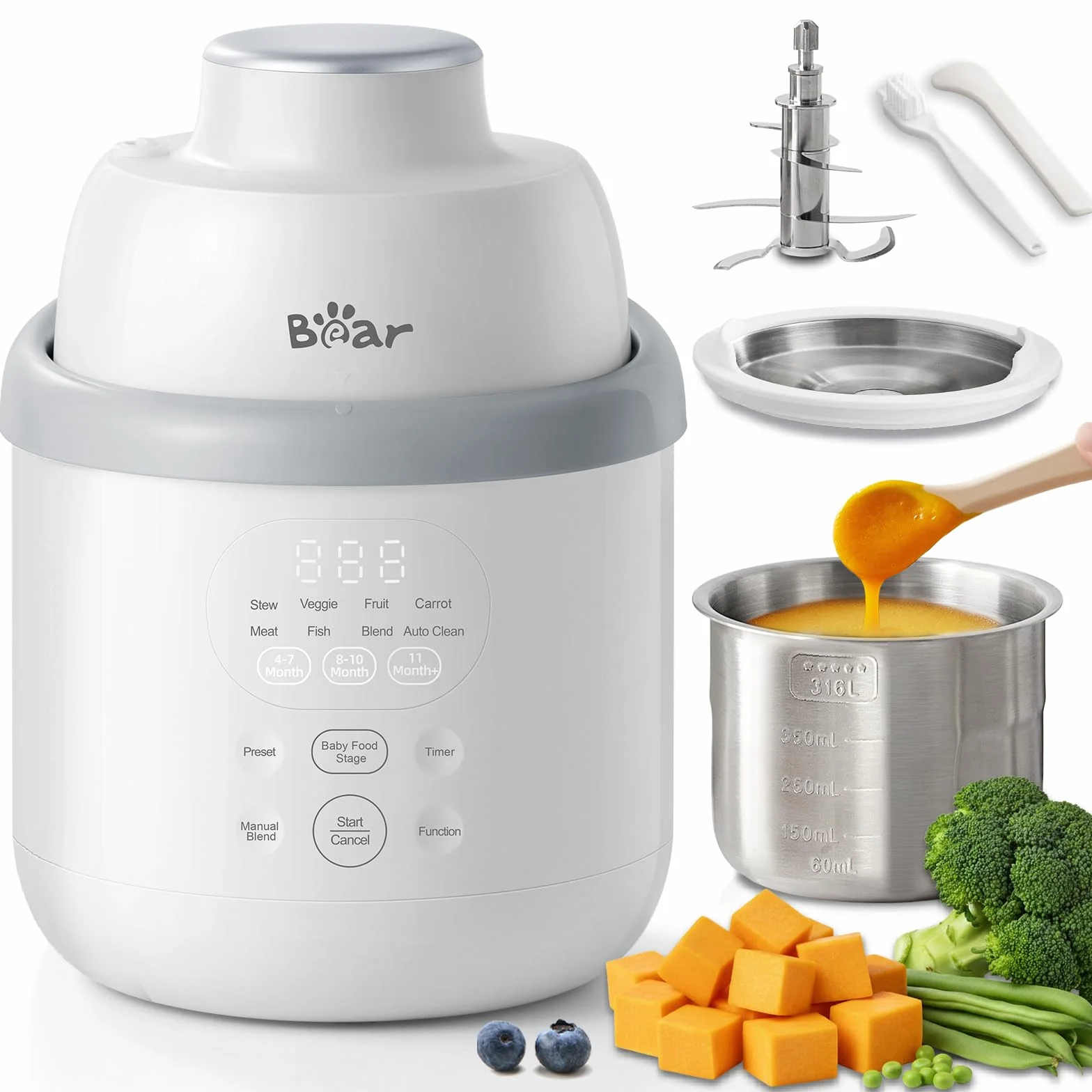 Bear NutriEase AllStage Baby Food Maker Edelstahl, OneStep Automatisches Kochen & Zerkleinern BPA-frei