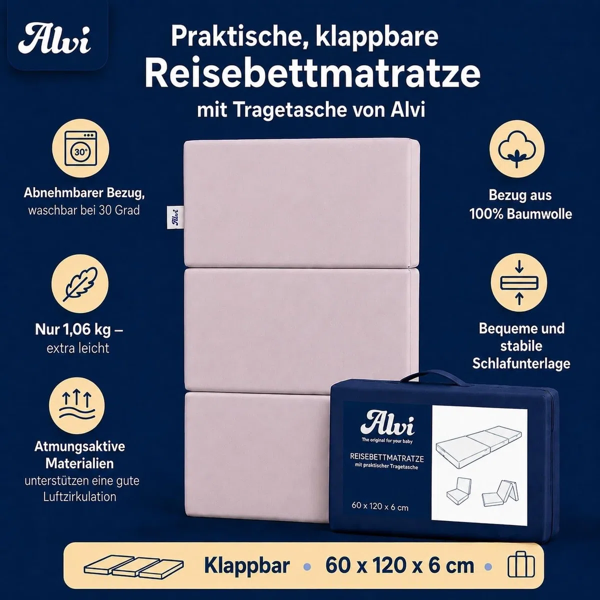 Alvi Reisebettmatratze Komfort 60x120 cm/Höhe 6 cm - Matratze für Baby Reisebett mit Baumwollbezug und Tasche, atmungsaktiv, waschbar, Oeko-TEX® Standard 100 schadstoffgeprüft