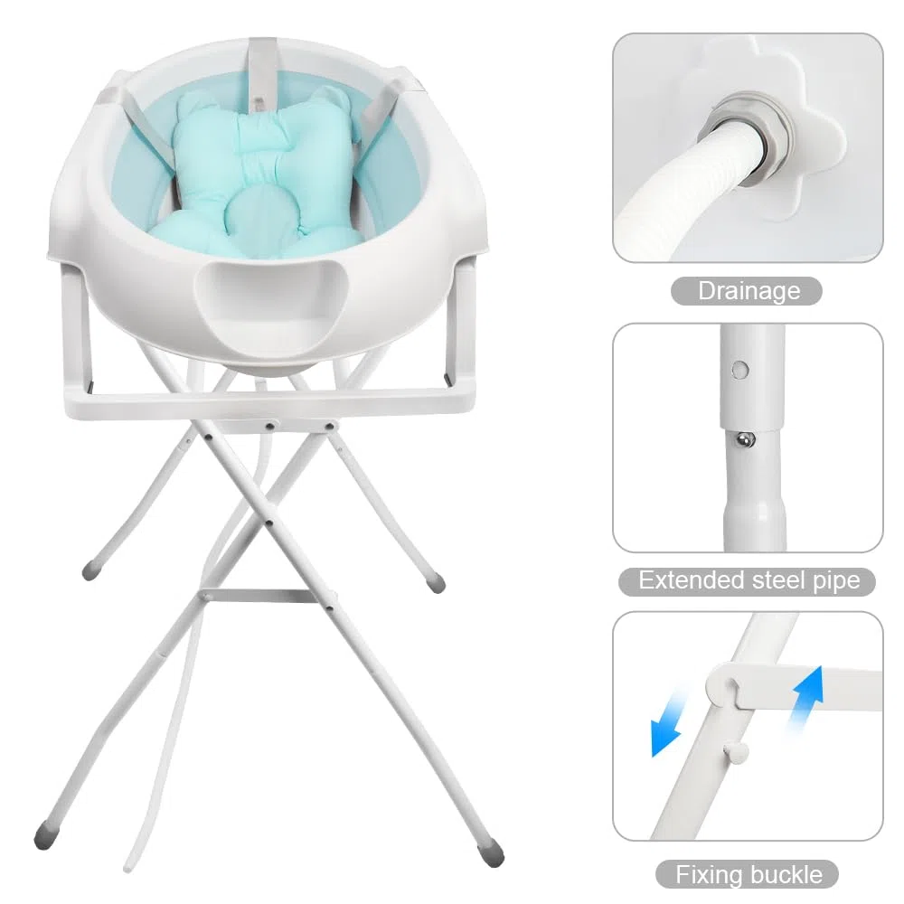 Faltbare Badewanne mit rutschfester Halterung, Badematte und Badewanneneinsatz für Neugeborene und Kleinkinder, große Badewanne XL mit Sitz und Entwässerungsset, Geschenk für Babys