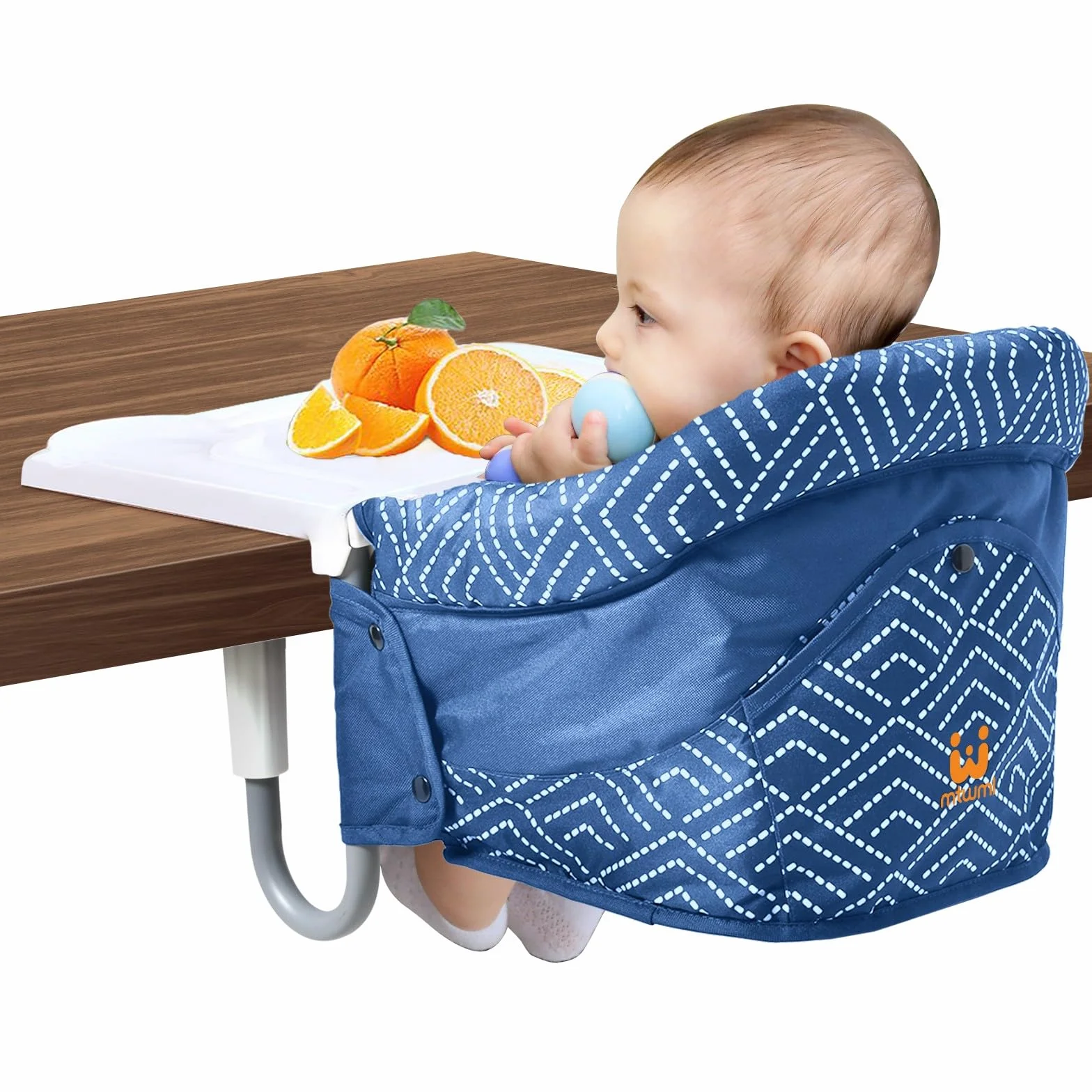 MTWML Tischsitz Baby mit Abnehmbarem Tablett, Tragbarer Hochstuhl zum Anklippen für Babys Kleinkinder, Faltbarer Reisehochstuhl mit 5-Punkt-Gurt, Tragetasche für Esstisch Unterwegs(Streifen-Blau)