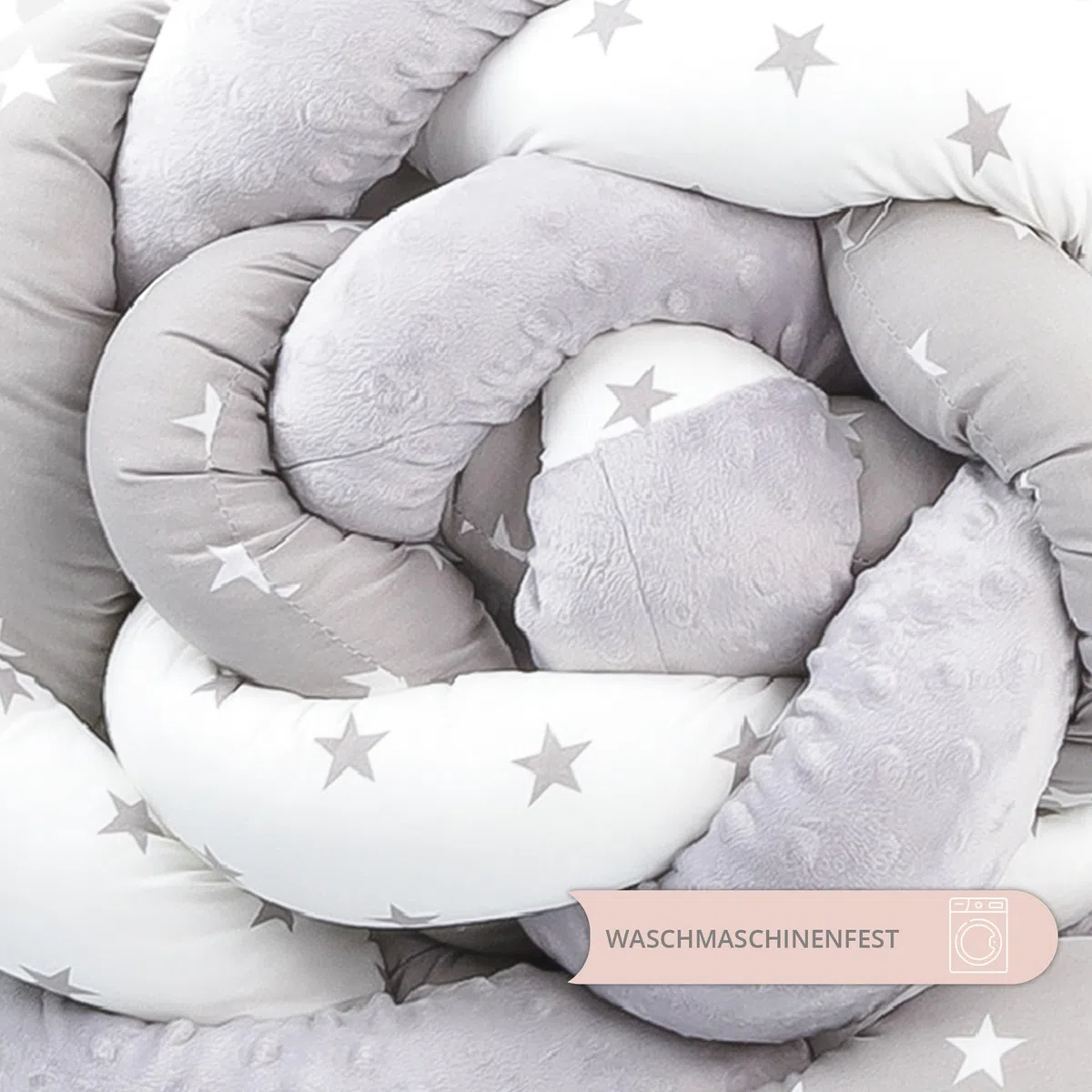 Totsy Baby Kuschelkissen Kinder Kissen Deko 200 cm- flauschig Dekokissen Kinderzimmer Kinderkissen Zierkissen geflochten Baumwolle Minky Grau Weiß Sterne