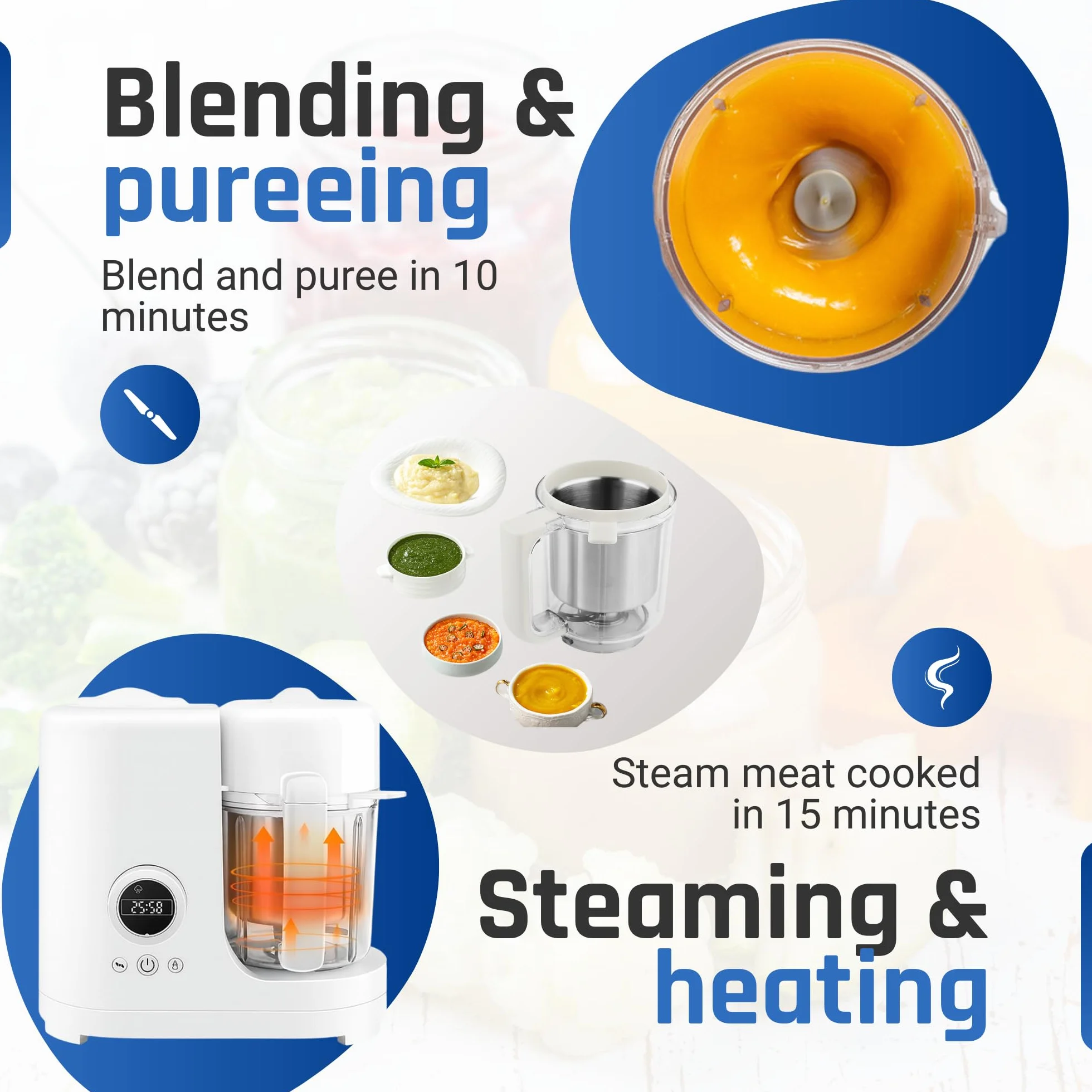 Baby Food Maker, 6-in-1 Babybrei Zubereiter & Dampfgargerät, Mixen, Pürieren, Stomen, Erwärmen, Auftauen & Sterilisieren, 300 ml Edelstahl-Mixbehälter, inkl. 2 Aufbewahrungsbechern, BPA-frei