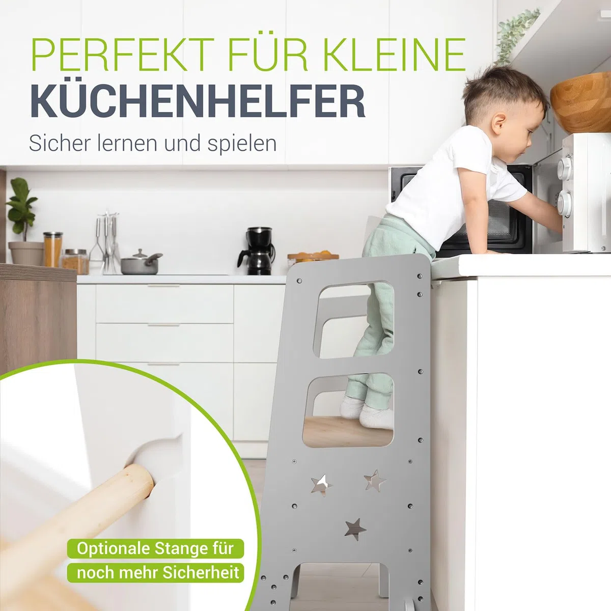 Juskys Lernturm Henny - für Kinder ab 1 Jahr, Stehhilfe, 3-Fach höhenverstellbar, Umkippschutz, Küchenhelfer - Weiß