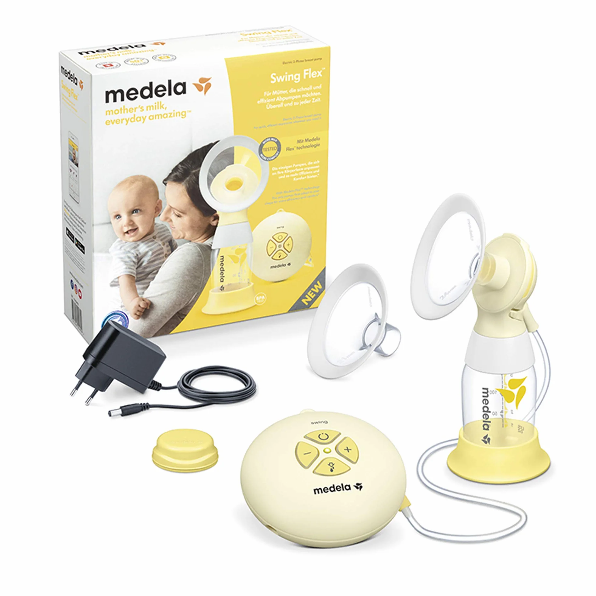 Medela Swing Flex elektrische Milchpumpe – Kompaktes Design – Mit PersonalFit Flex Brusthauben und Medela 2-Phasen-Expression-Technologie