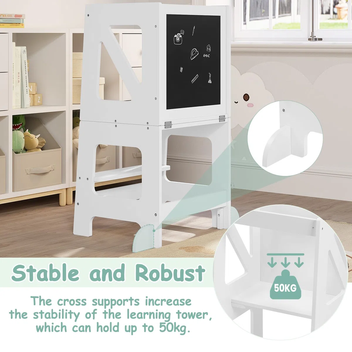 WOLTU Lernturm 3 in 1, Tritthocker Kinderhocker Kindertisch Tafel, Lernturm für Kinder, Küchenhelfer mit Rausfallschutz, faltbar, ab 3 Jahr, Weiß