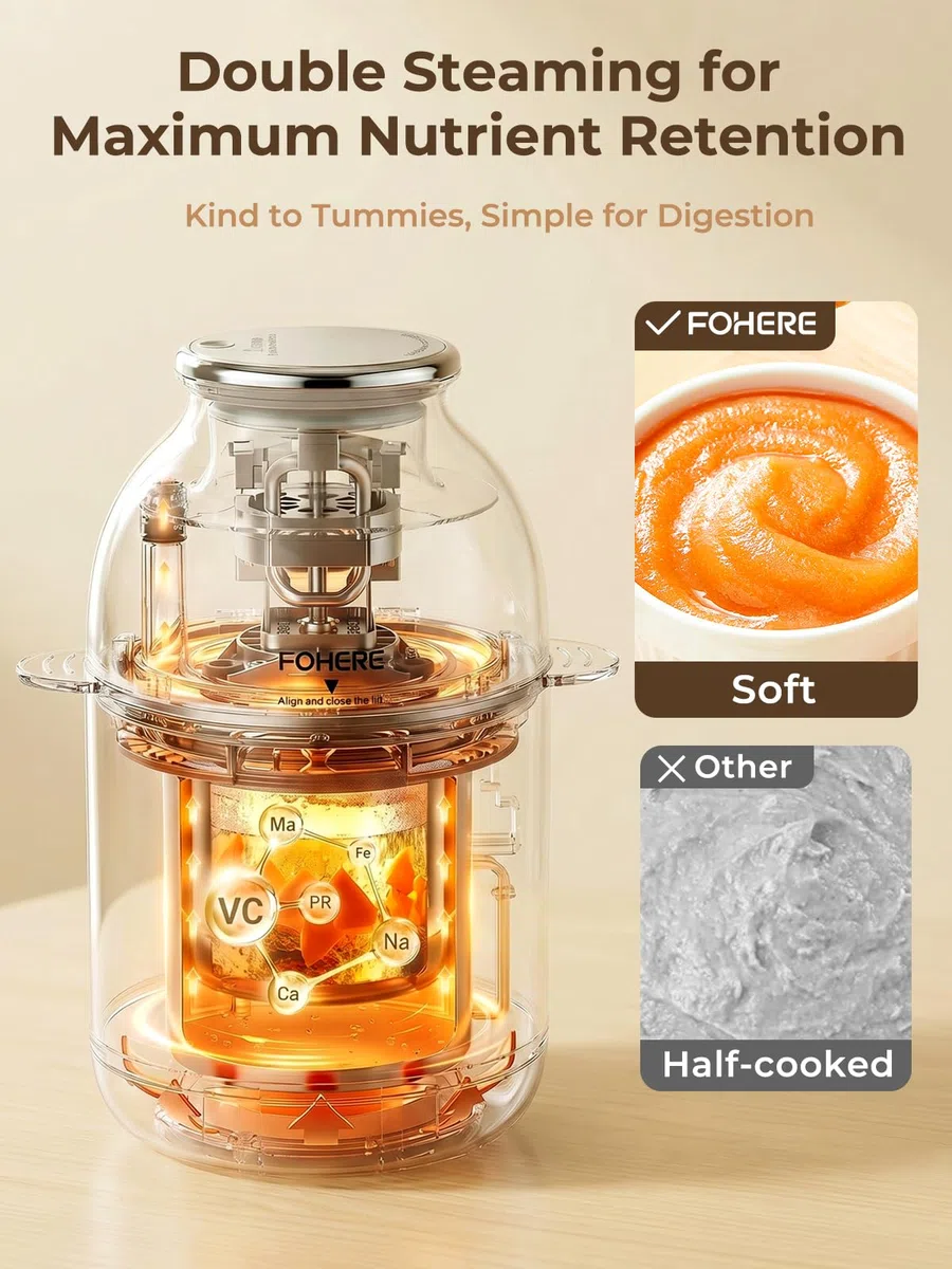 NutriEase AllStage Babynahrungszubereiter Edelstahl, One Step Baby Food Maker, 3 Stufen, Automatisches Kochen, BPA-frei