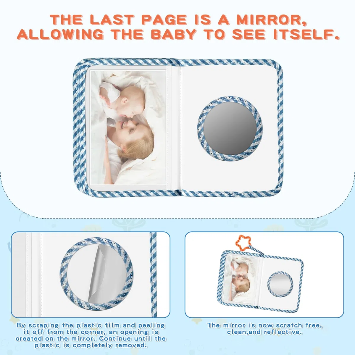 Baby's First Family Album – weiches Stoff-Fotobuch Geschenk-Set mit babysicherem Spiegel, 14 x 17 cm, für 17 Fotos, Stoff-Erinnerungsbuch für Neugeborene, Kleinkinder, Babypartys
