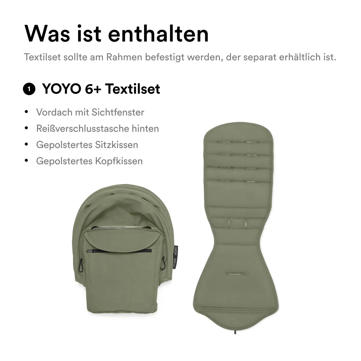 Stokke YOYO 6+ Farbpaket, Olive - Nur Textilien: Sitzpolster, ausziehbares Verdeck & Reißverschlusstasche hinten - Erfordert YOYO-Rahmen (separat erhältlich)