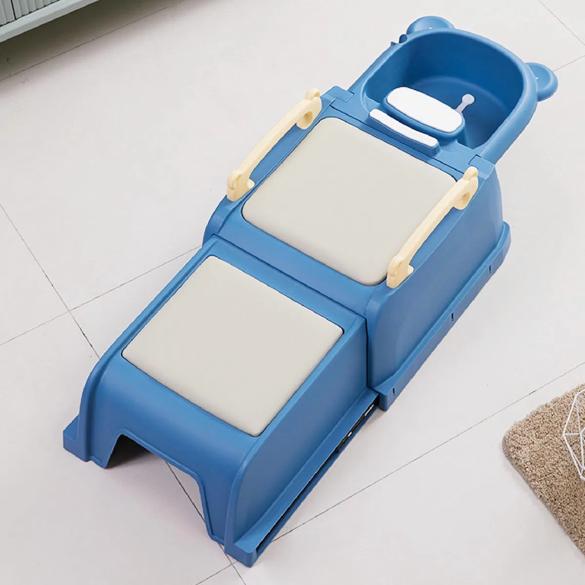 Fockety Kleinkind-Shampoo-Stuhl, Baby-Shampoo-Stuhl mit Abnehmbarem Waschbecken, Weich Gepolstertes Kissen, Armlehnen, Kopfkissen Haarwaschstation für Kleinkinder Einziehbar (Blue)