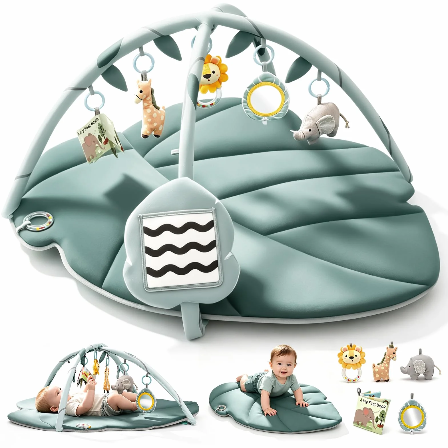 Spielmatte Baby mit Spielbogen, Vanplay Spieldecke Baby mit Bogen, Rutschfest Spieldecke Greifspielzeug Baby Stoffbuch, 6 Abnehmbaren Babyspielzeug, Geschenk Neugeborenes Junge Mädchen