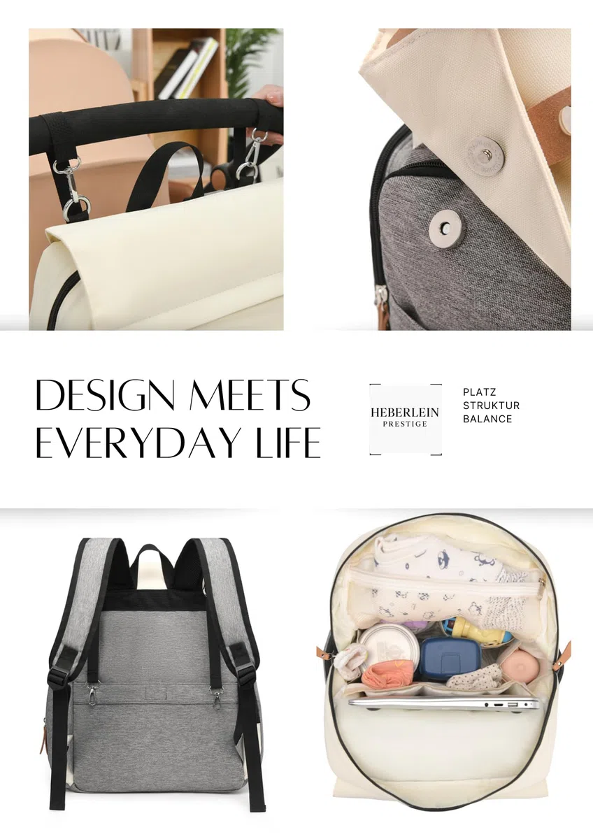 Heberlein Prestige Baby Wickelrucksack - große Wickeltasche für Mama & Papa, wasserabweisend mit vielen Fächern & isolierten Taschen, inkl. Wickelauflage & Kinderwagenbefestigung - ideal für unterwegs