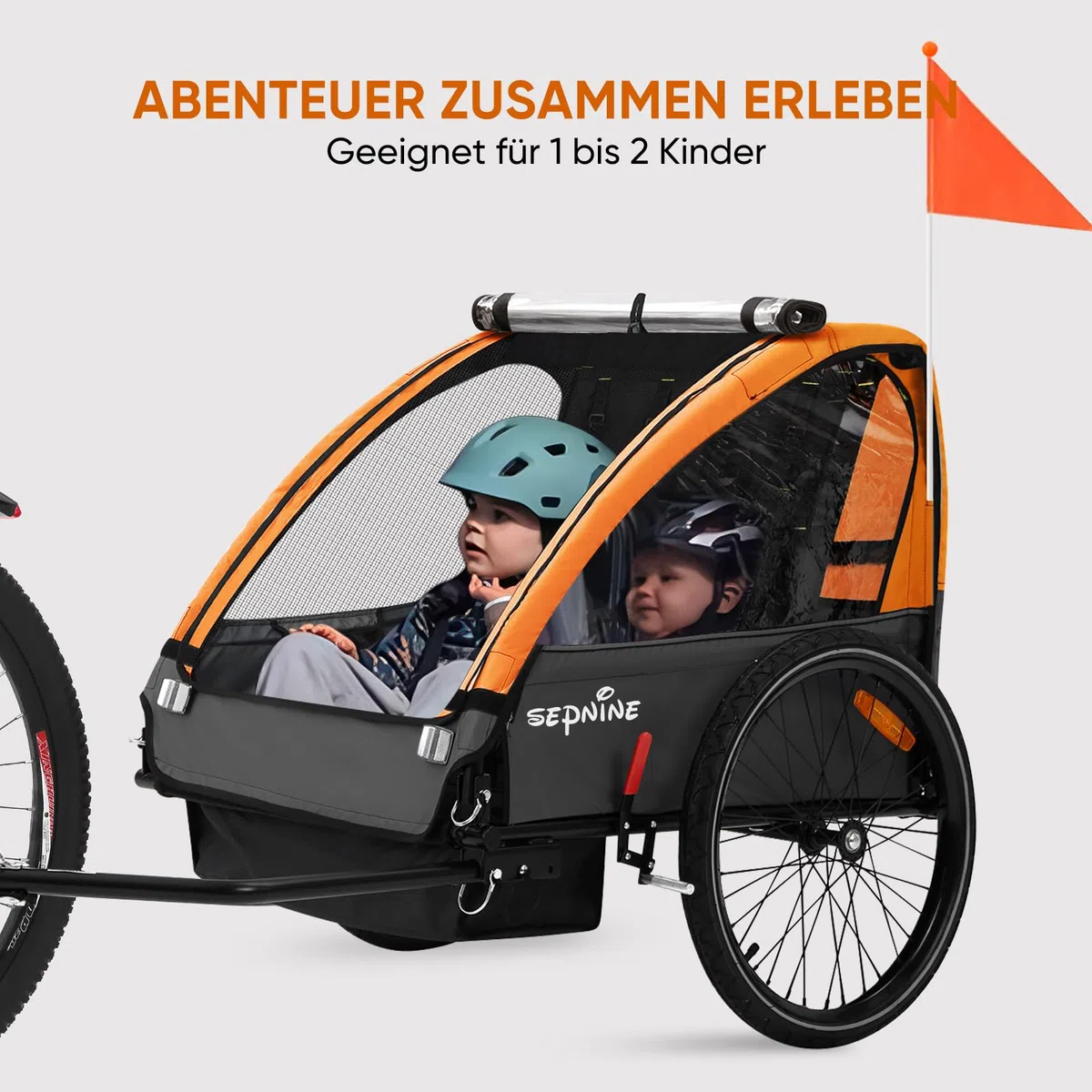 SEPNINE Fahrradanhänger mit 5-Punkt-Sicherheitsgurt, Luftreifen, Handbremse, Faltbar, Max. 40 kg (Orange)