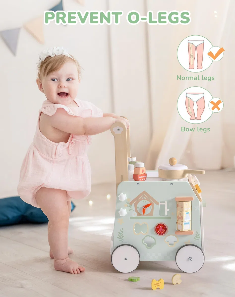 ROBOTIME Holz Lauflernwagen mit Spielküche, 2-in-1 Baby Walker & Aktivitätscenter, höhenverstellbar, mit Bremse, Motorikspielzeug für Kleinkinder ab 10-36 Monaten