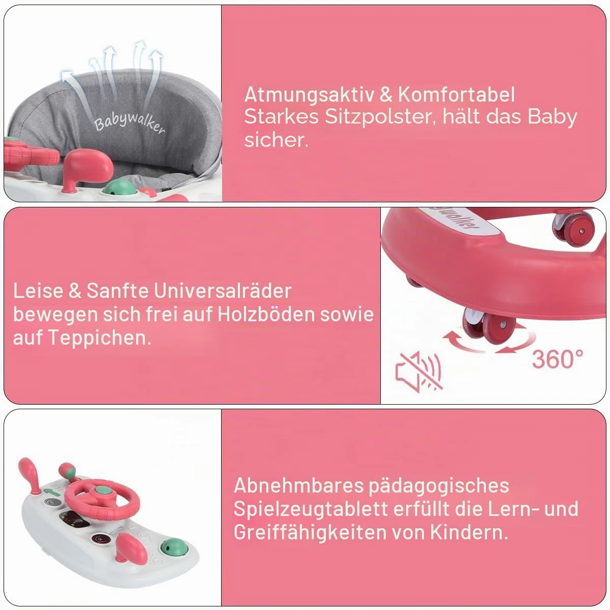Lauflernhilfe 2-in-1: Schiebewagen für Kleinkinder mit Abnehmbarem Esstablett und Musik-Spielbrett (ohne Batterien),Faltbare Aktivitäts-Lauflernhilfe für Jungen und Mädchen von 6 bis 18 Monaten