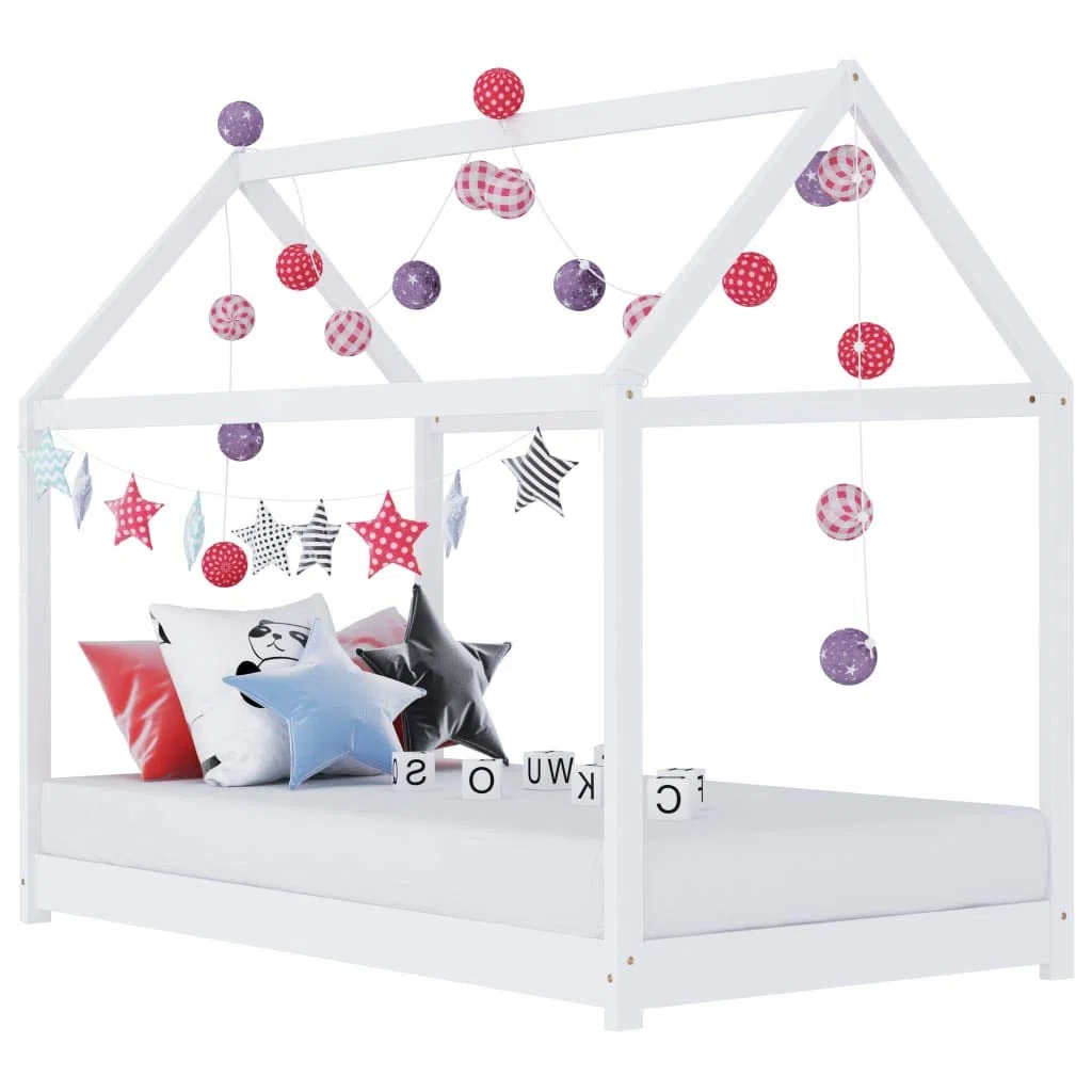 BaraSh Kinder-Bettgestell Weiß Massivholz Kiefer 70 x 140 cm Hausbett Deko Bett Kinder Kinderbett Hausbett Kinder Bodenbett