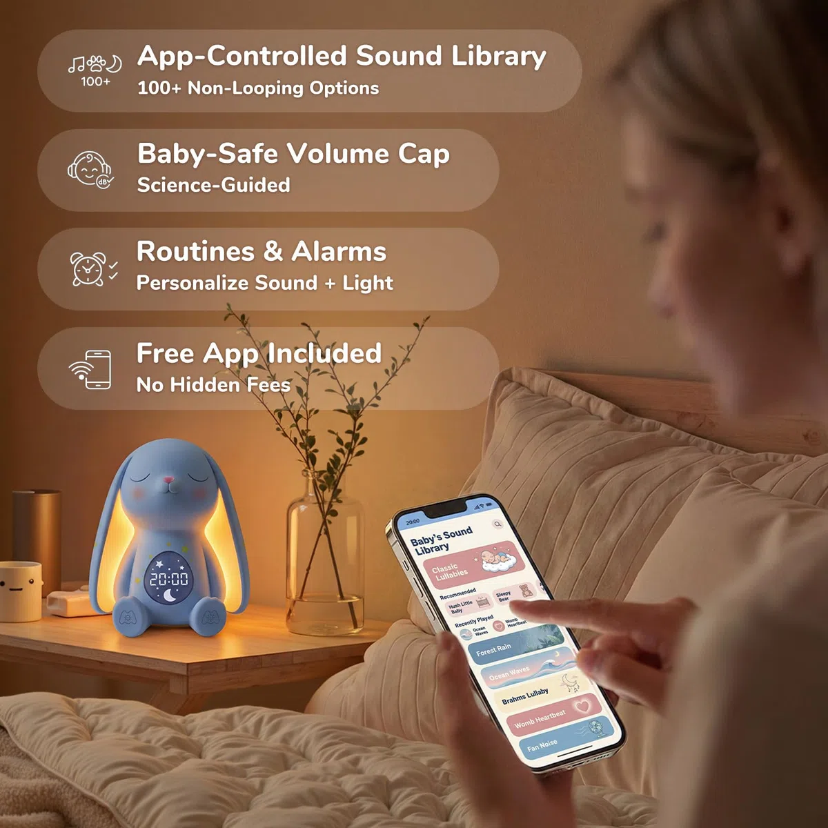 MeWaii White Noise Machine Baby mit Weinen-Erkennung & Wecker, 100 Weißes Rauschen, 22 Stunden Akkulaufzeit, Süßes Nachtlicht Hase - Begleitet Baby ins Schlafen, Geschenke für Werdende Mütter