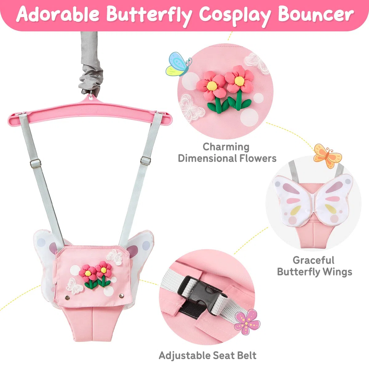 FUNLIO Baby Jumper mit Deckenhaken für 6–24 Monate, Türhopser für Babys für drinnen und draußen, Baby Jumper mit verstellbarer Kette, leicht zu montieren und zu verstauen – Rosa Schmetterling