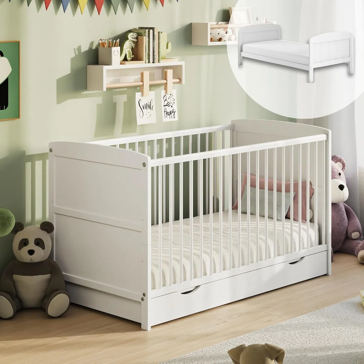 Babybett 70x140 umbaubar mit Schublade und Matratze, Gitterbett, Kinderbett, höhenverstellbar & herausnehmbare Sprossen | weitere Größe: 60x120cm | 70x140cm: von Geburt bis 6. Lebensjahr, Weiß