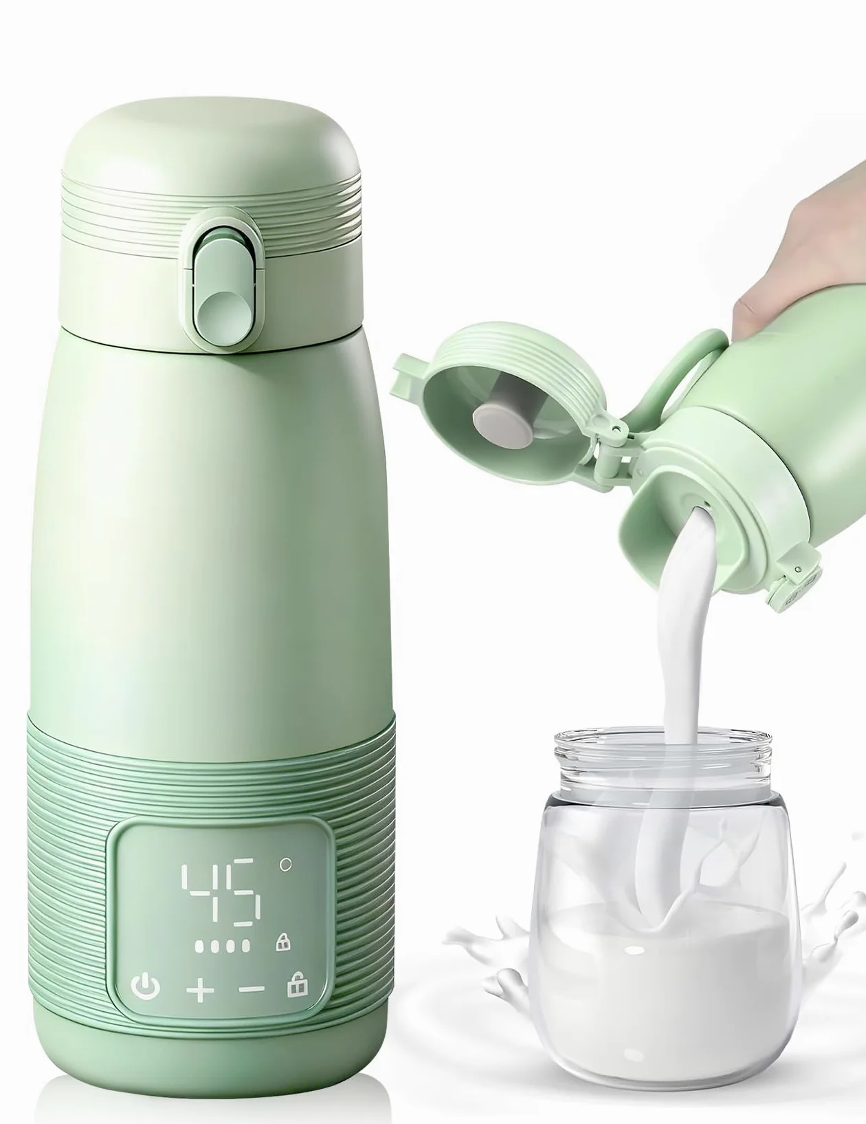 Tragbarer Flaschenwärmer, 500ml Flaschenwärmer Baby Unterwegs Präzise Temperaturkontrolle 37 Bis 55 Grad Einstellbar für Reisen Nachtfütterung (Grün)