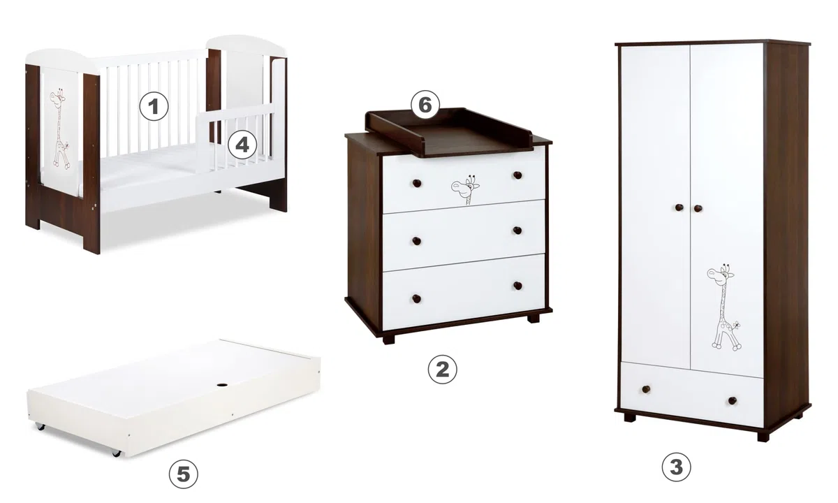 Safari Giraffe Weißes Möbel Set für EIN Kinderbett Kommode Kleiderschrank Kommode Auflage Minimalistischer Stil Holz MDF-Platte Kiefernholz Universal-Set
