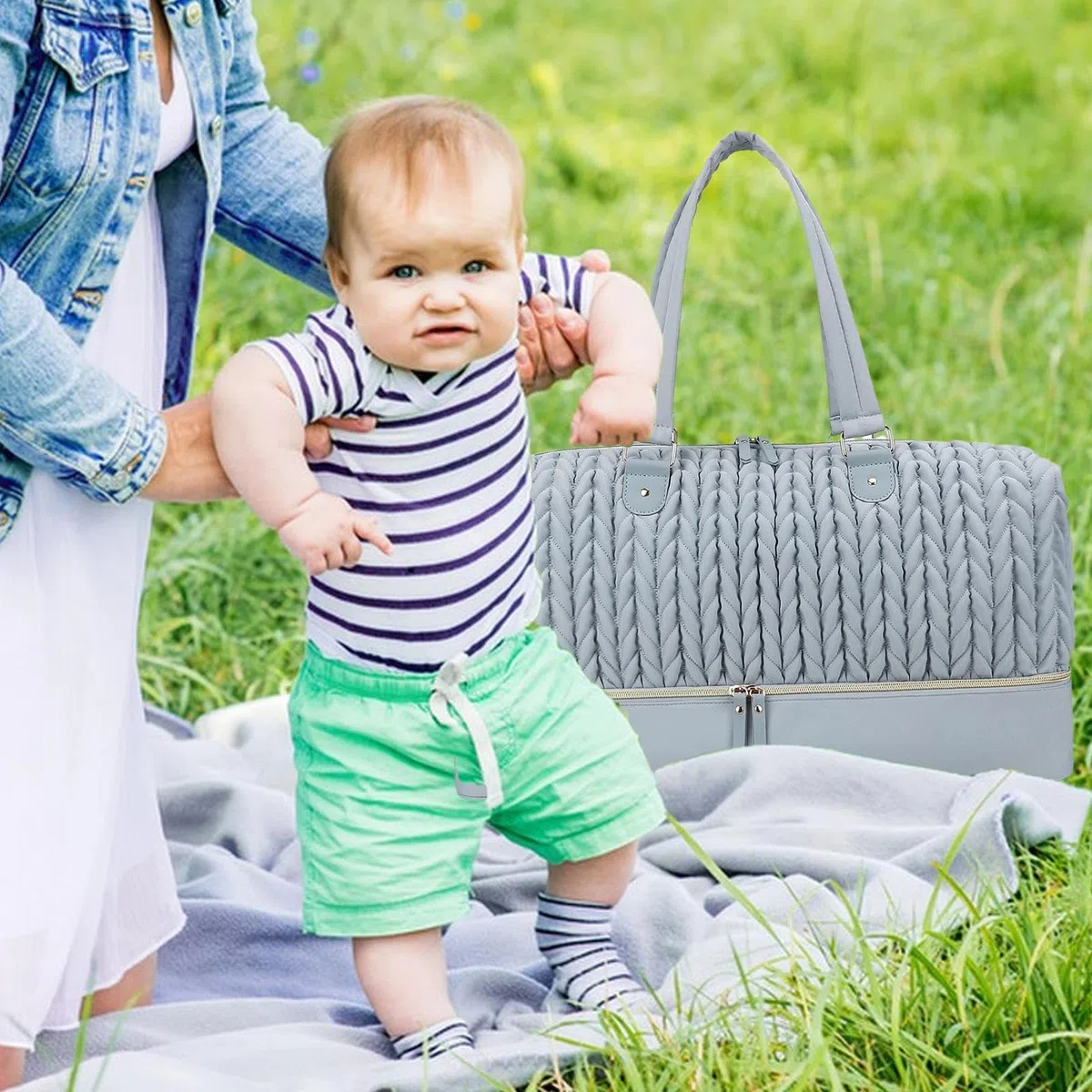 Wickeltasche – Windel-Organizer mit isolierter Tasche, Aufbewahrungstasche für Kinderzimmer, Windelaufbewahrungstasche, wasserdicht, gesteppt, Stickerei, Mutter- und Baby-Reisetasche, für Reisen