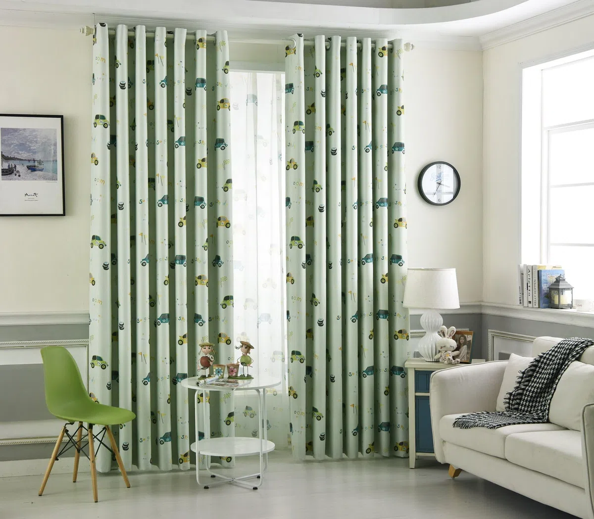 Amidoudou 2er-Set Vorhänge Auto Kinderzimmer,Vorhänge Kinderzimmer Junge,Vorhänge für Kleine Fenster (Grün,230 x 140 cm)